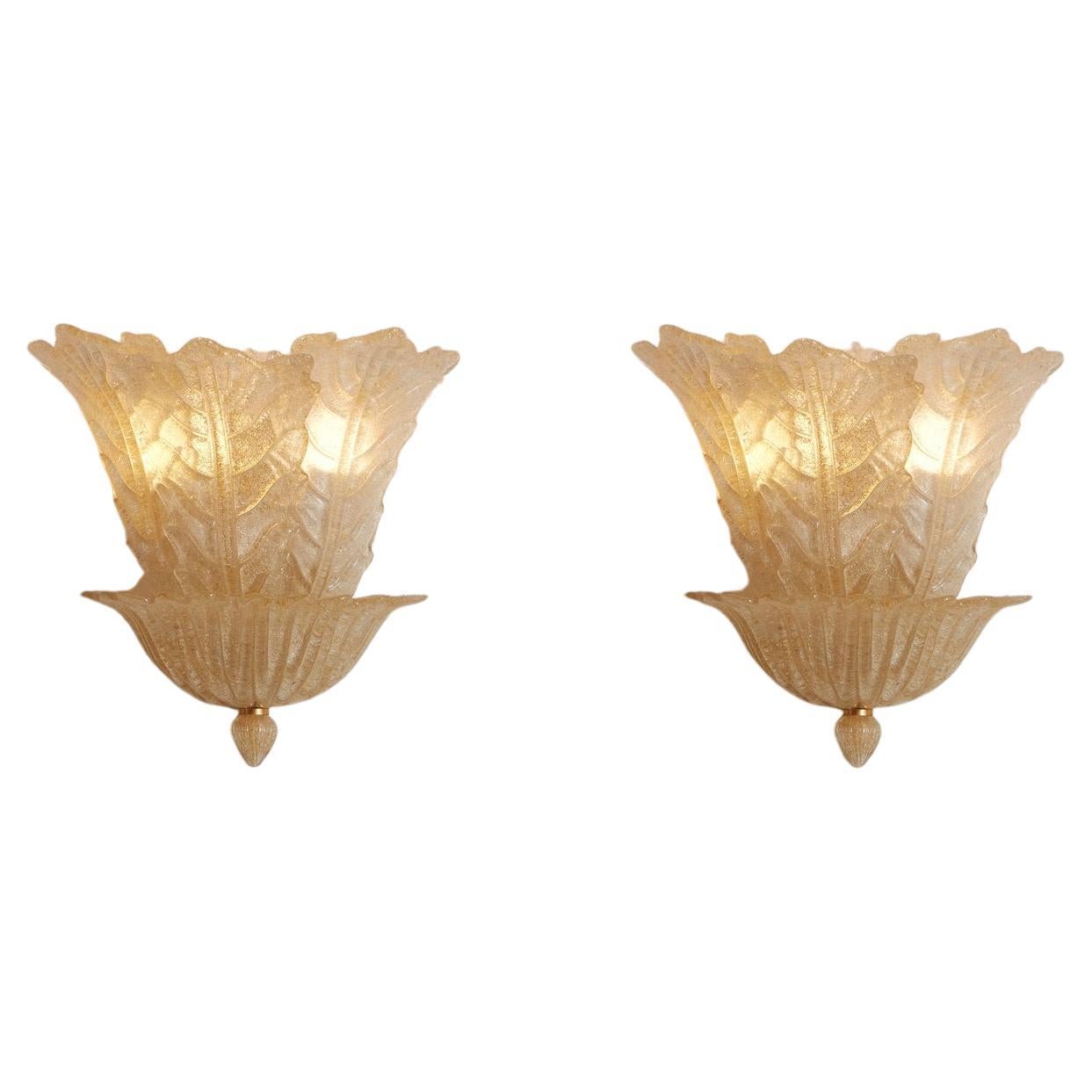 Golden Opalescent Murano Leaf Sconce, Italy 1980s, 3 Available For Sale