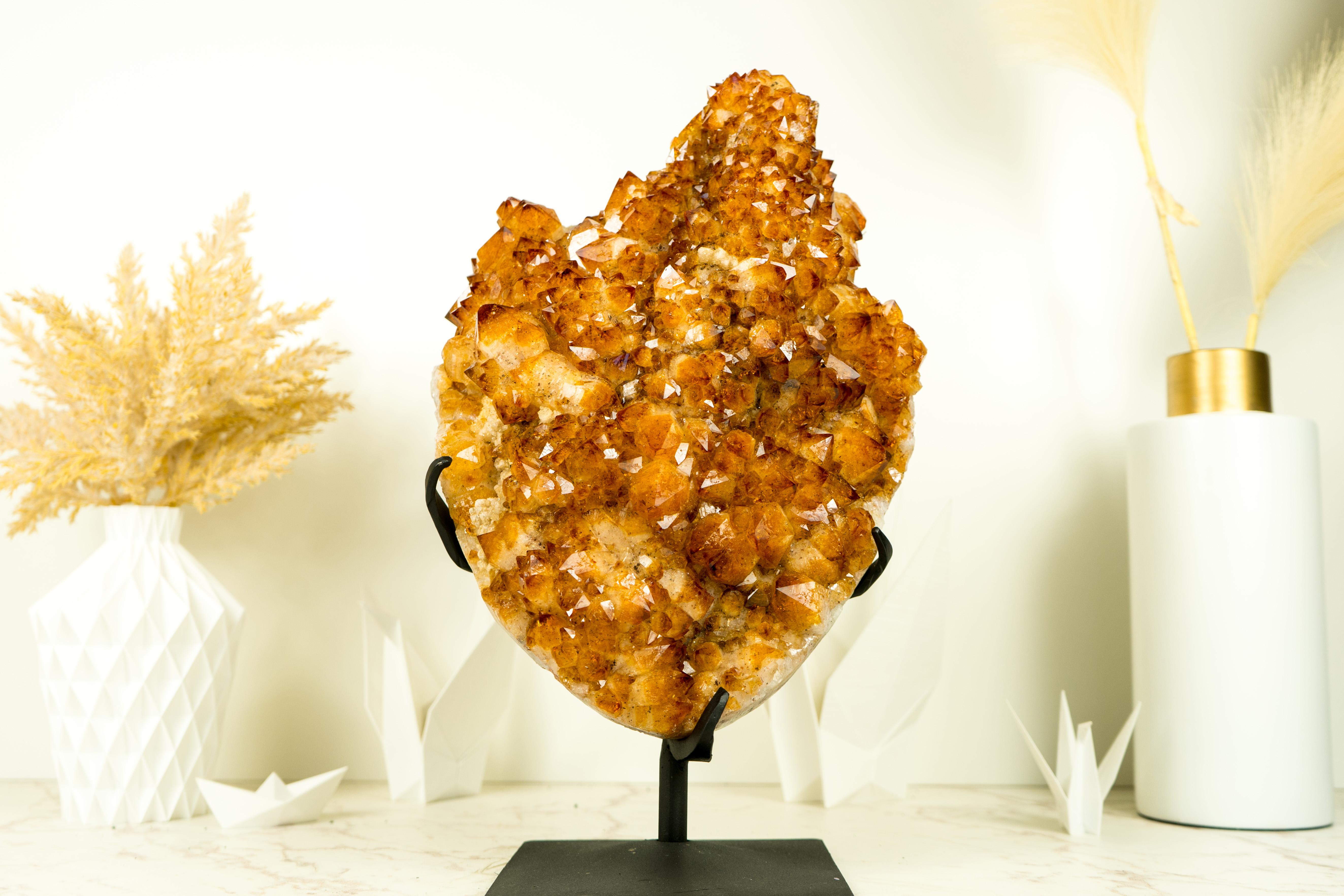 This extraordinary, tall Golden Orange Citrine Cluster was handpicked for its rare high-quality, and beautiful aesthetics. A unique citrine flower specimen that showcases the creativity of nature, making it an extraordinary addition to any