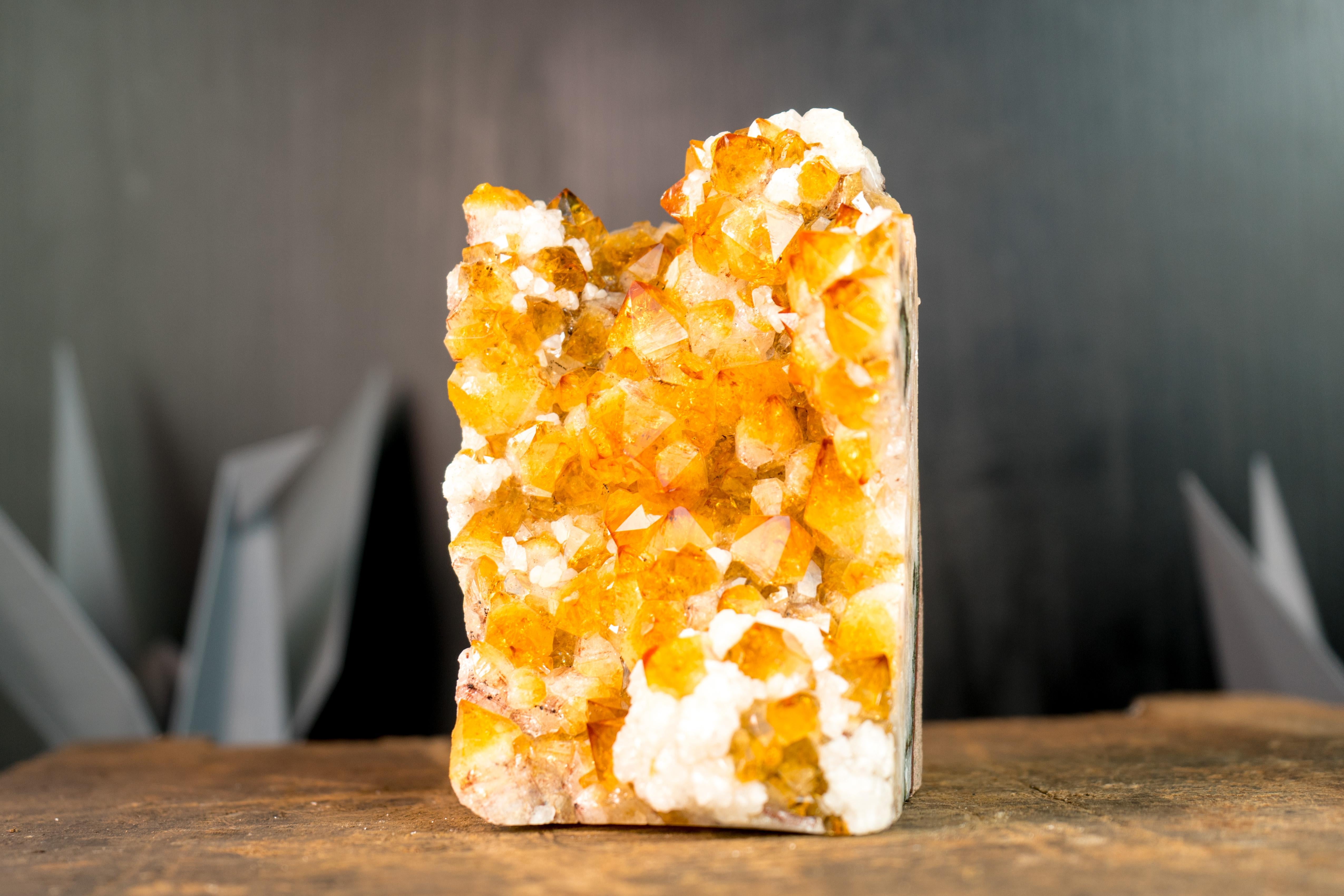 Golden Orange Citrine Crystal Cluster with Stalactite Flower and Calcite For Sale 4