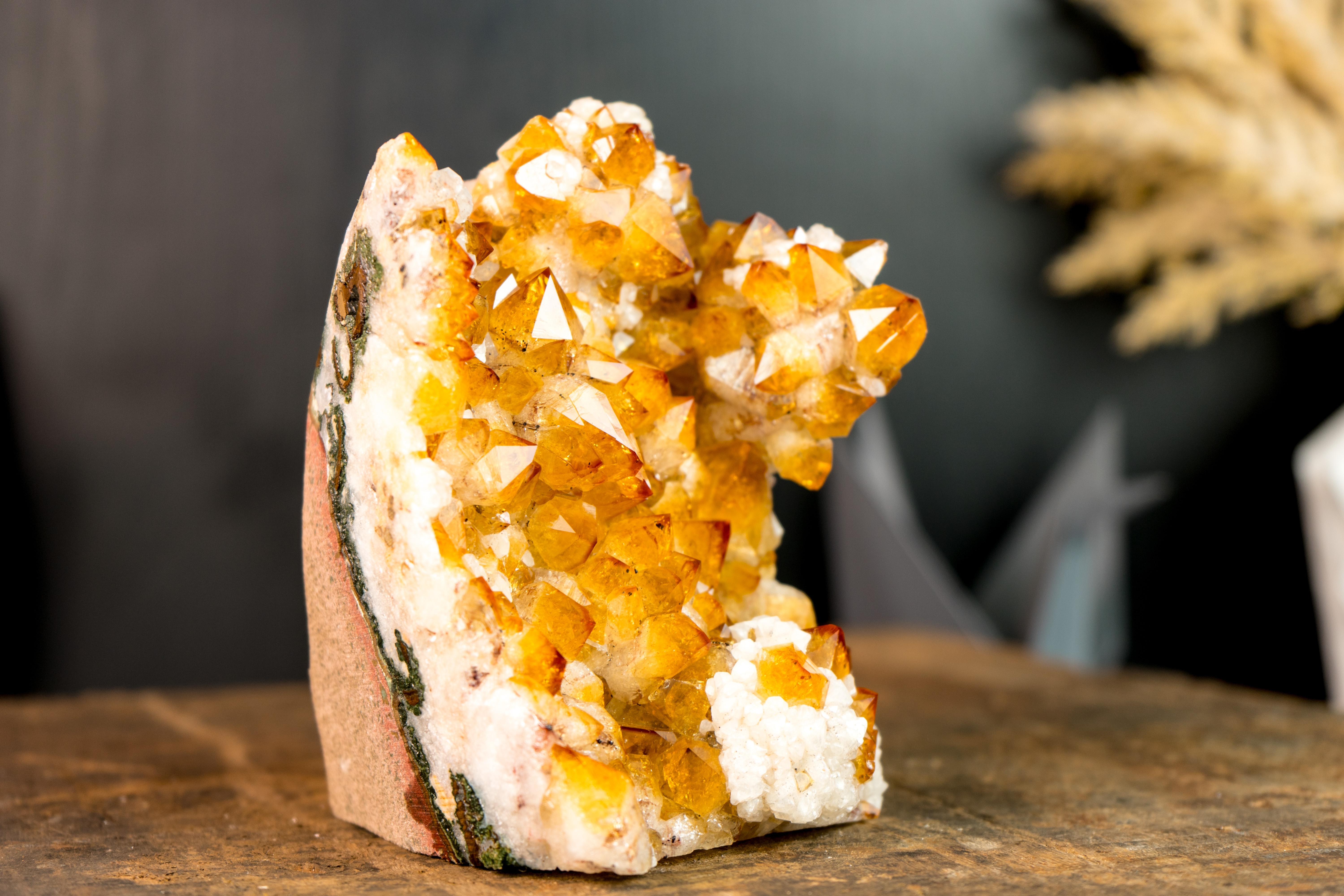 Contemporary Golden Orange Citrine Crystal Cluster with Stalactite Flower and Calcite For Sale