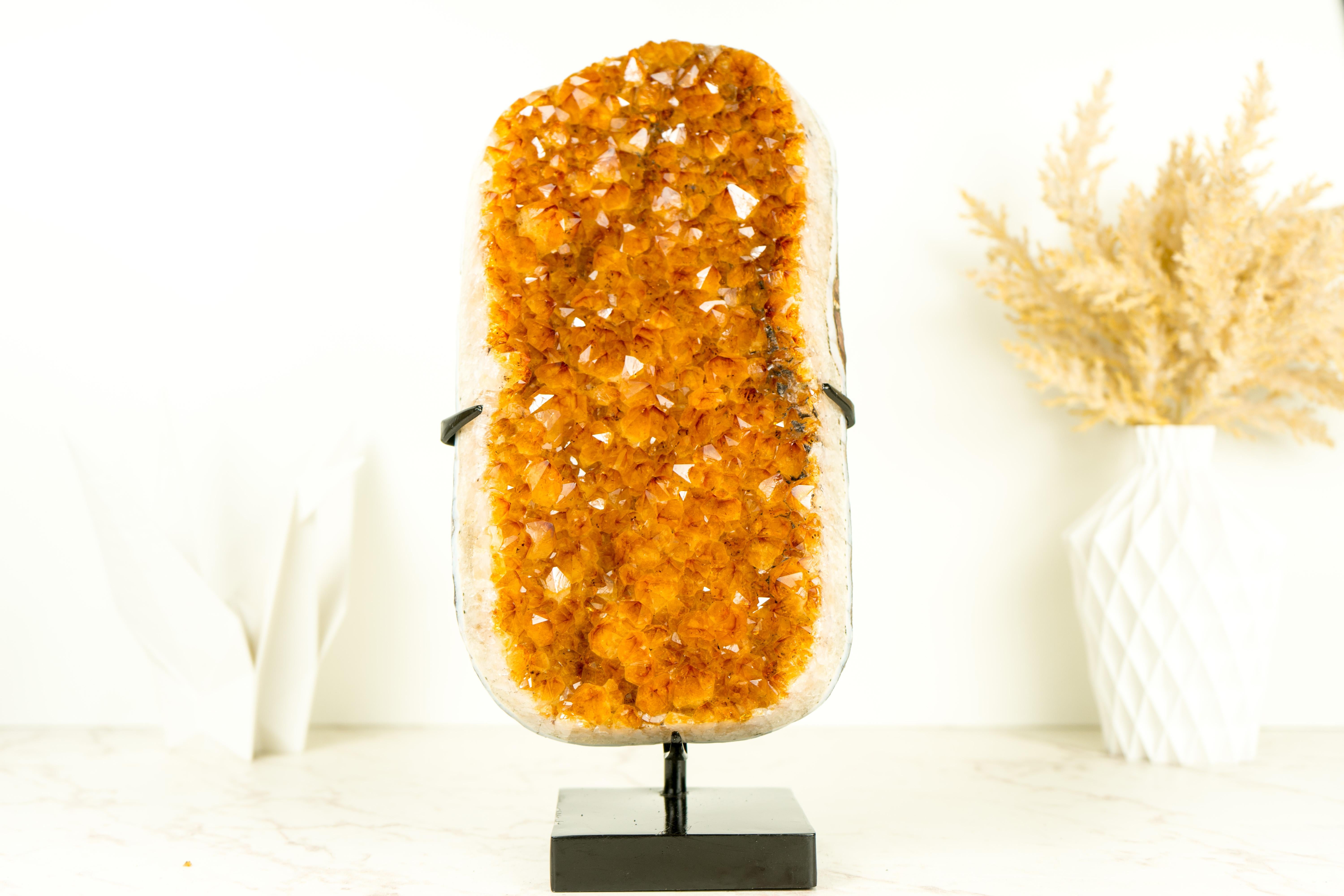 Brazilian Golden Orange Crystal Citrine Cluster with Sparkly Citrine Druzy, Crystal Accent For Sale