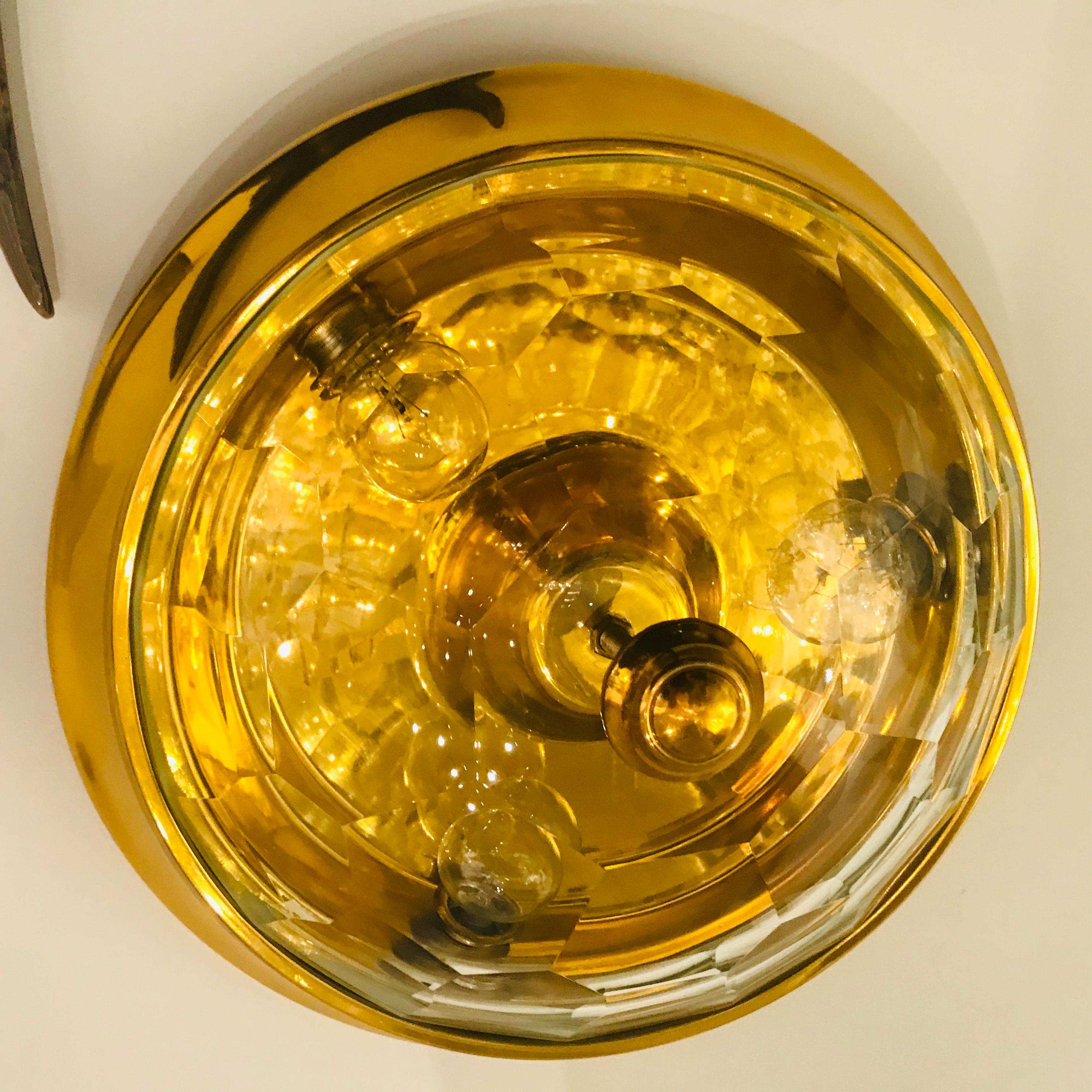 Mid-Century Modern Golden Oscar Torlasco Lumi Crystal 1970s Italian  Flush Ceiling Light For Sale