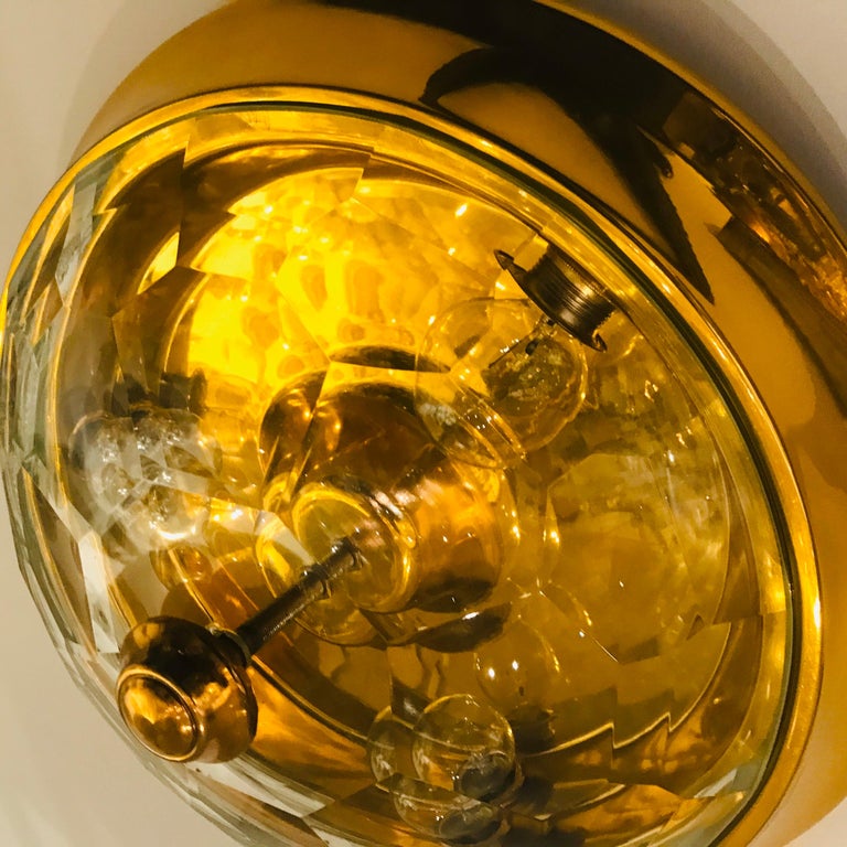 Brass Golden Oscar Torlasco Lumi Crystal 1970s Italian  Flush Ceiling Light For Sale