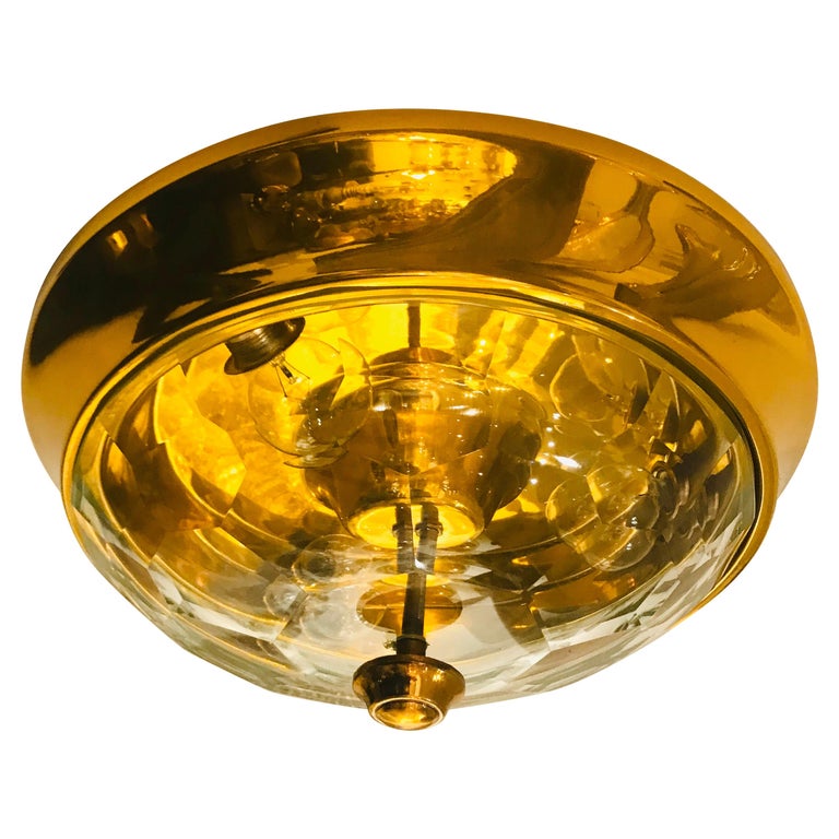 Golden Oscar Torlasco Lumi Crystal 1970s Italian  Flush Ceiling Light For Sale