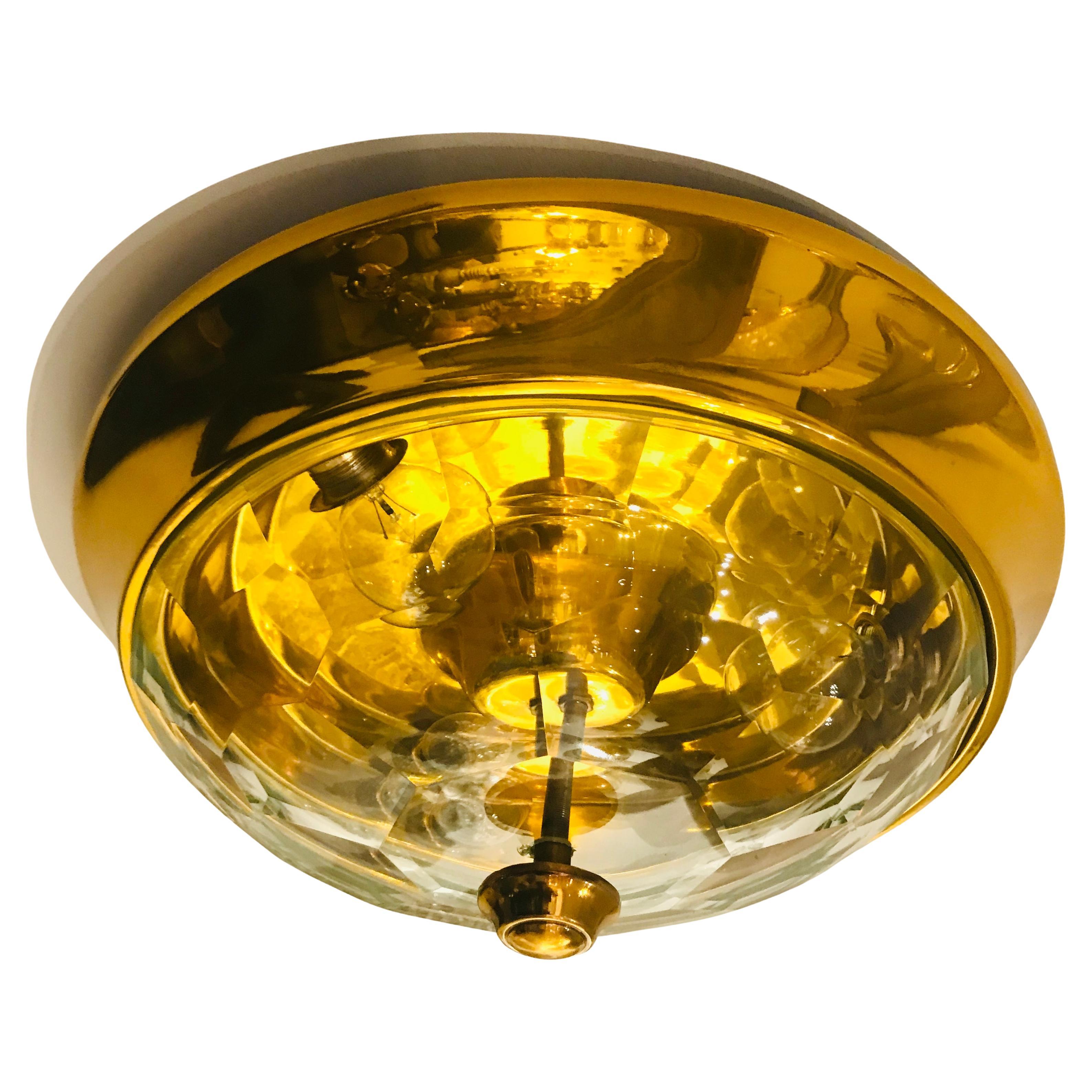 Golden Oscar Torlasco Lumi Crystal 1970s Italian  Flush Ceiling Light