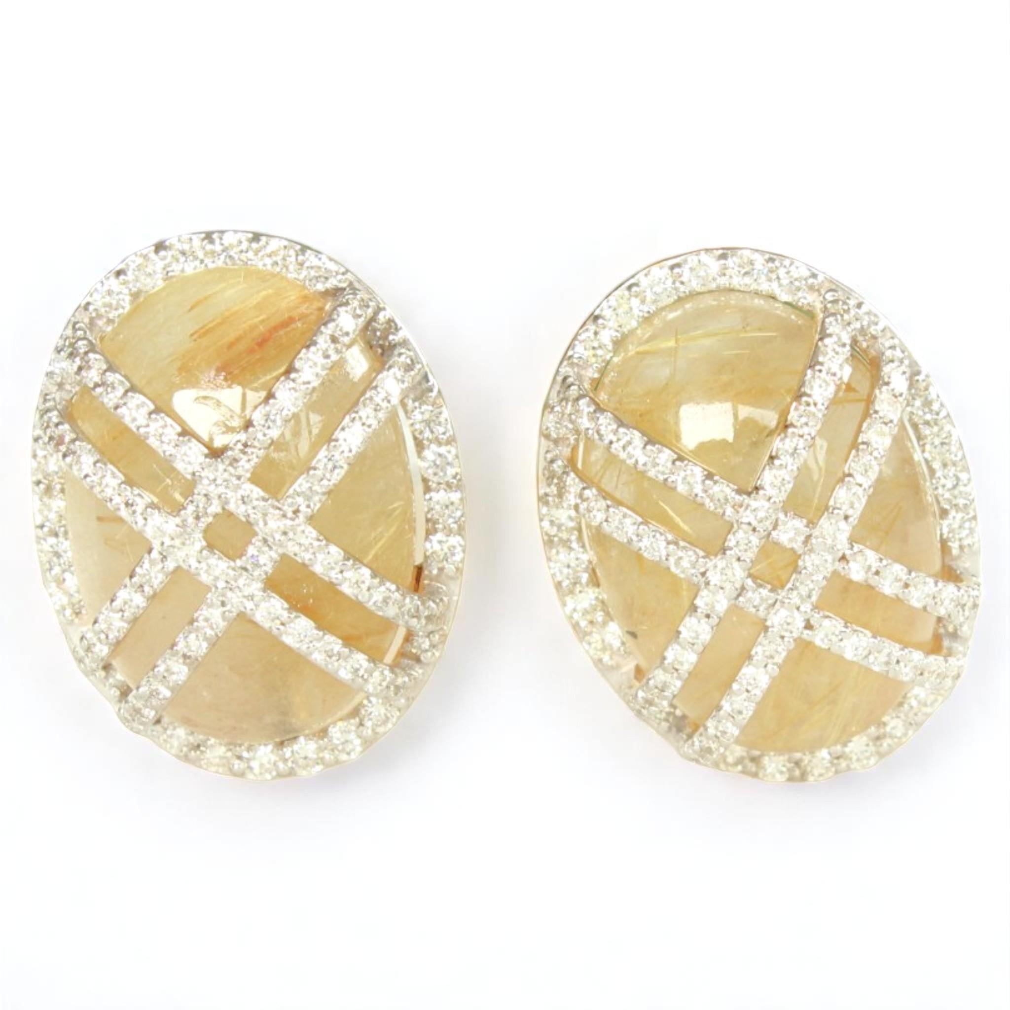 Golden Oval Rutile Quartz Earrings in 14k Solid Gold (Certified) In New Condition For Sale In New Delhi, DL