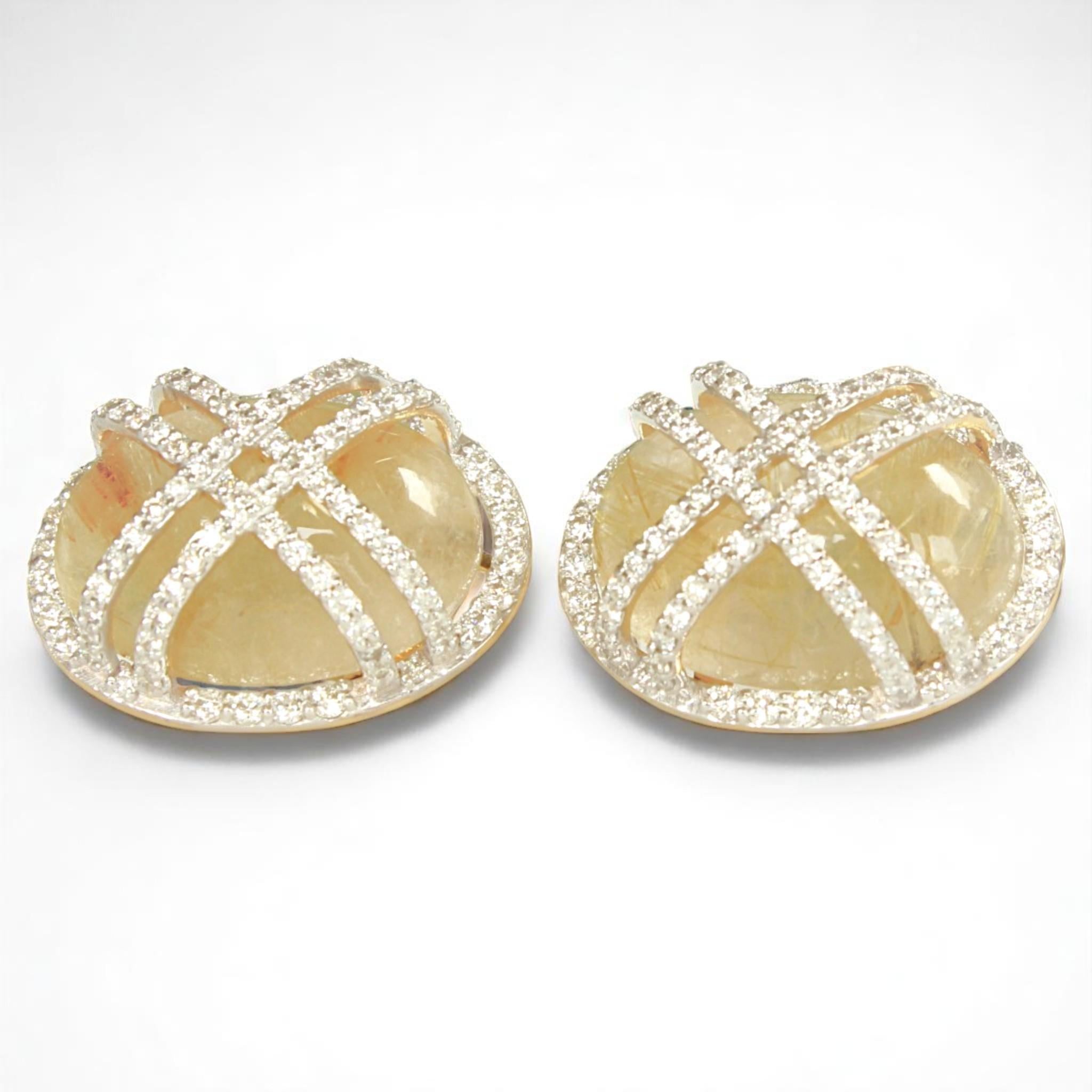 Women's Golden Oval Rutile Quartz Earrings in 14k Solid Gold (Certified) For Sale