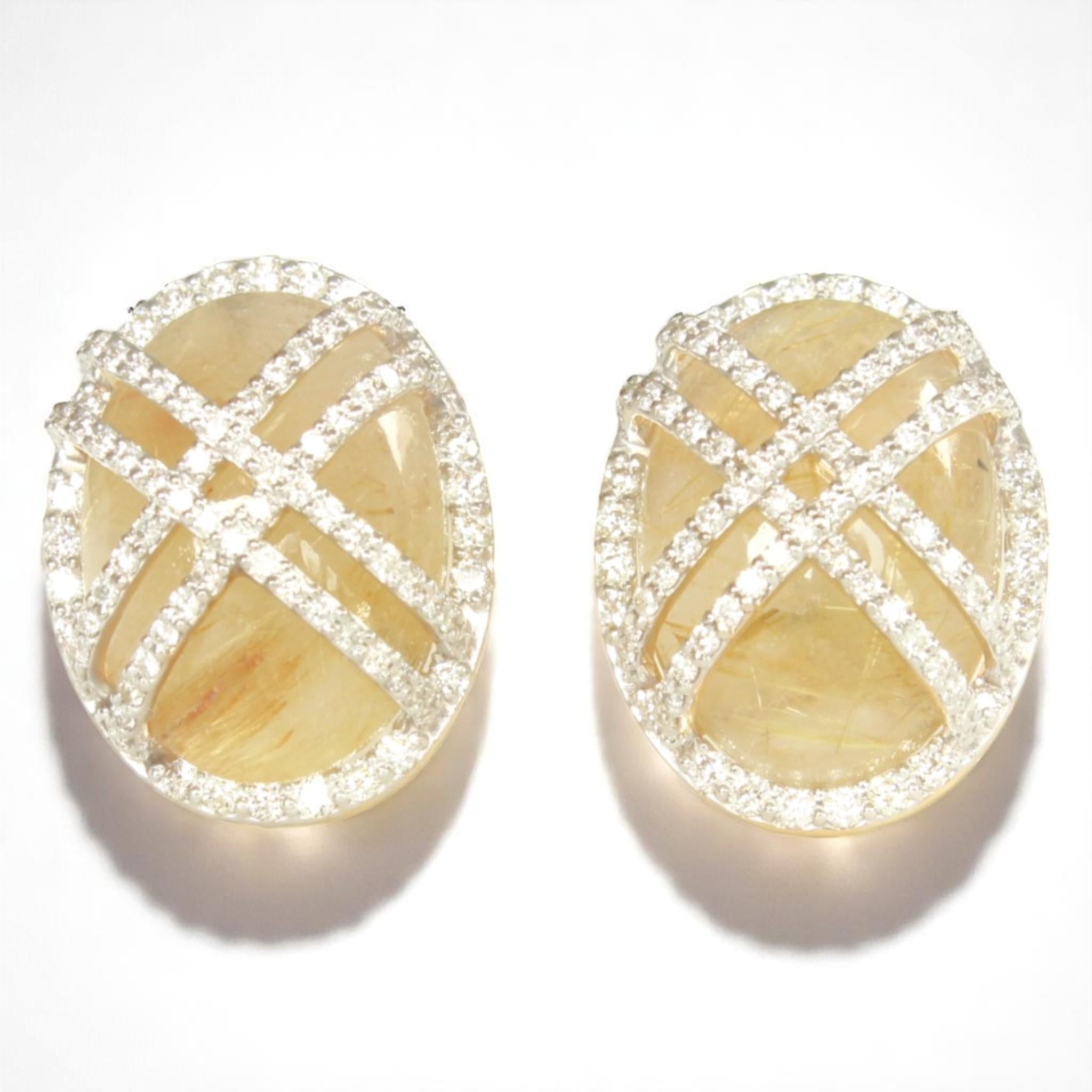 Boucles d'oreilles or 14k en Quartz Rutile Ovale (Certifié) en vente 2