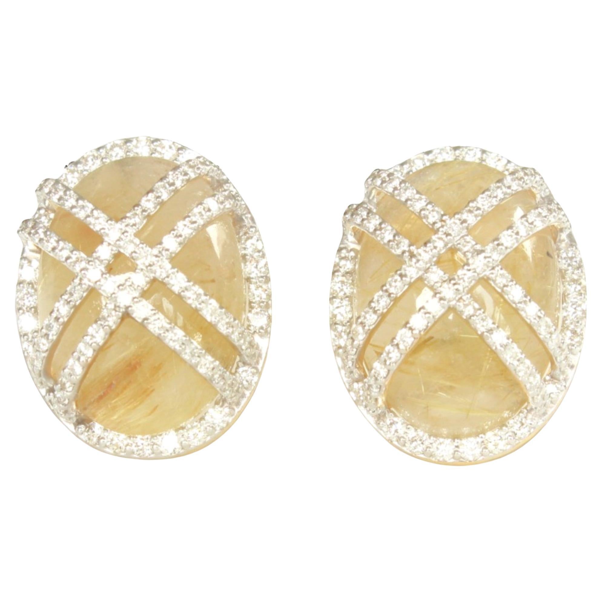 Golden Oval Rutile Quartz Earrings in 14k Solid Gold (Certified) For Sale