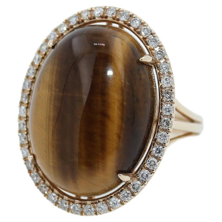 Modern Golden Oval Tiger's Eye Cabochon Diamond Halo Cocktail 14 Karat Yellow Gold Ring For Sale