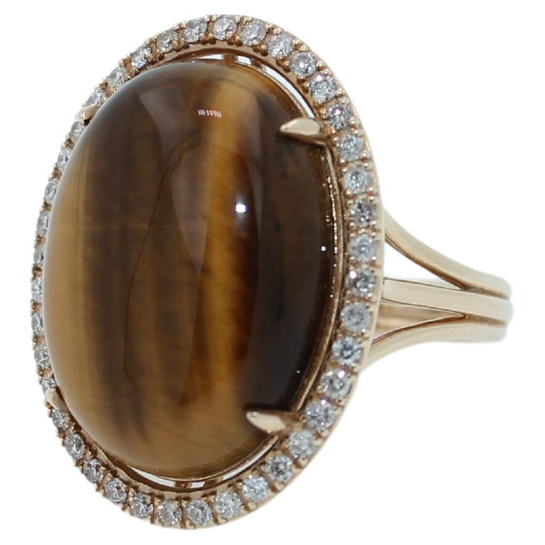 Golden Oval Tiger's Eye Cabochon Diamond Halo Cocktail 14 Karat Yellow Gold Ring For Sale