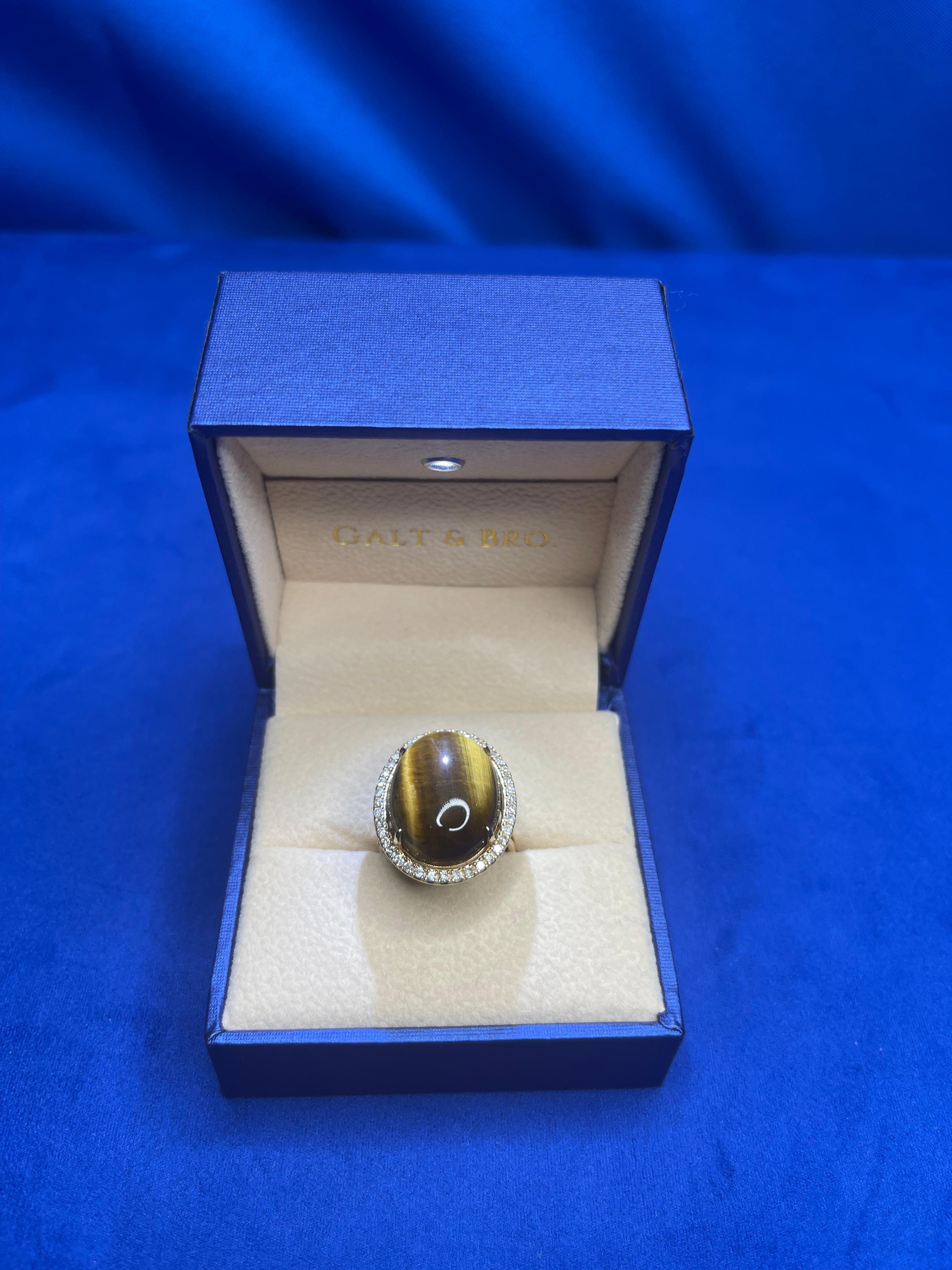 Golden Oval Tiger's Eye Cabochon Diamond Halo Cocktail 14 Karat Yellow Gold Ring For Sale 2