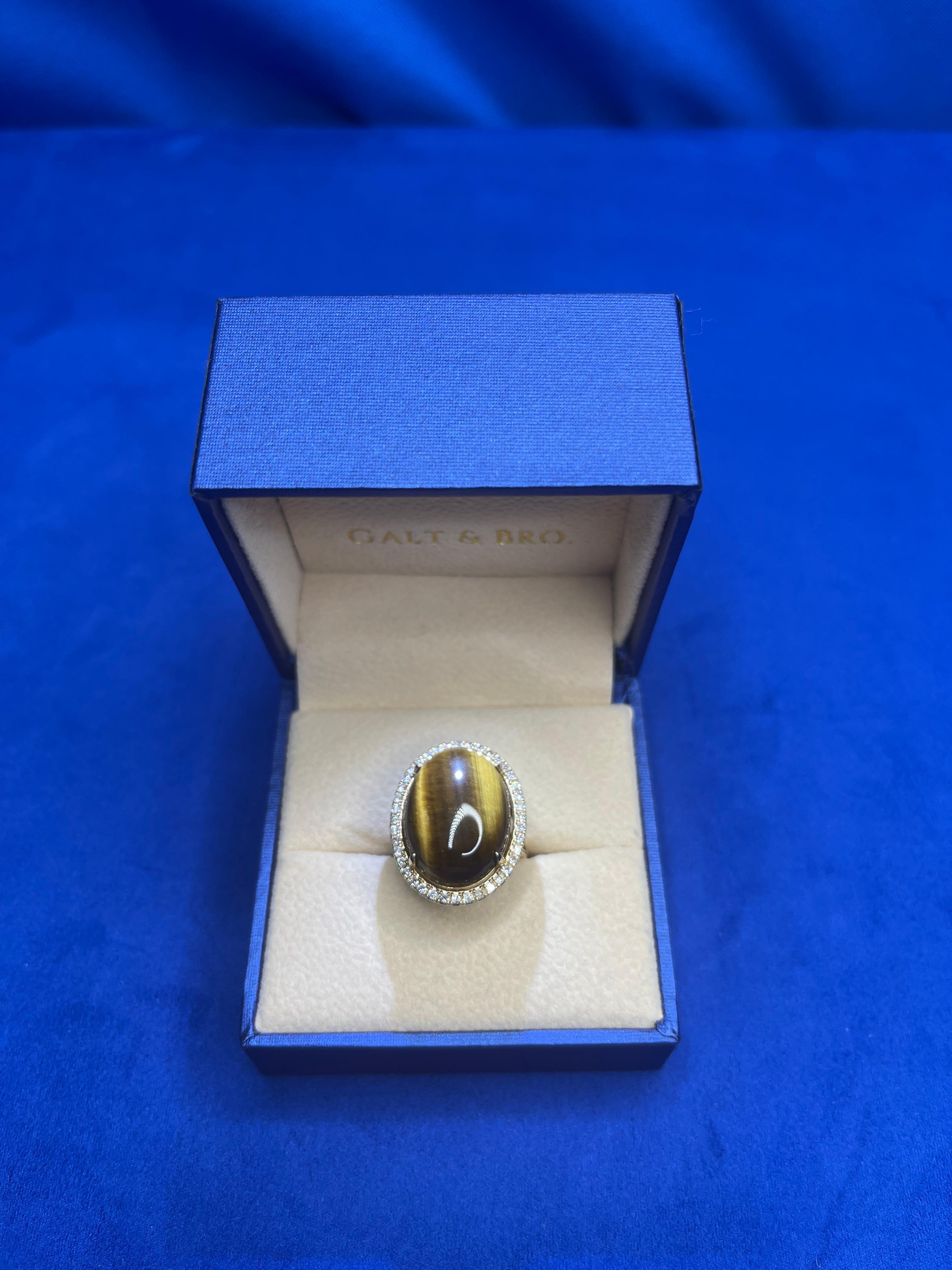 Golden Oval Tiger's Eye Cabochon Diamond Halo Cocktail 14 Karat Yellow Gold Ring For Sale 4