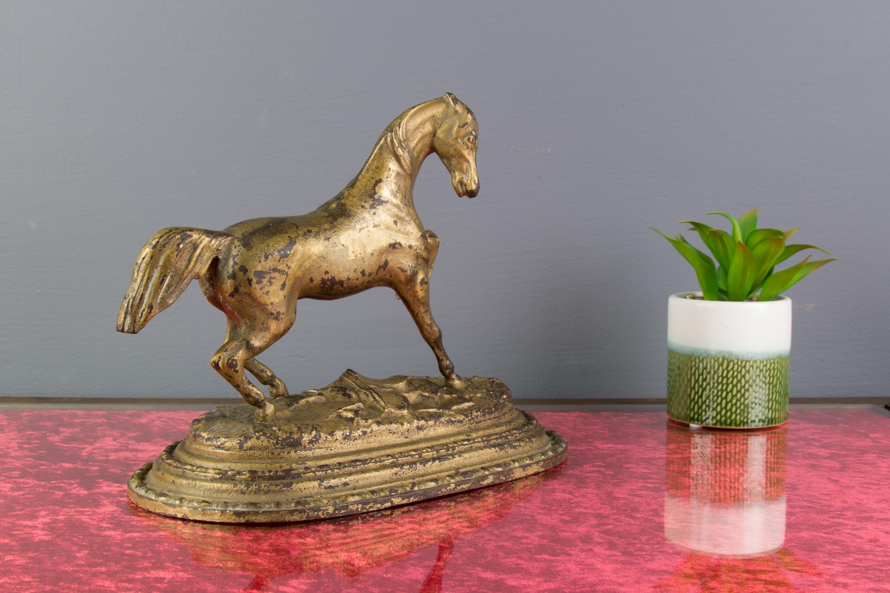 French Golden Painted Iron Horse Statue, France, 1920s