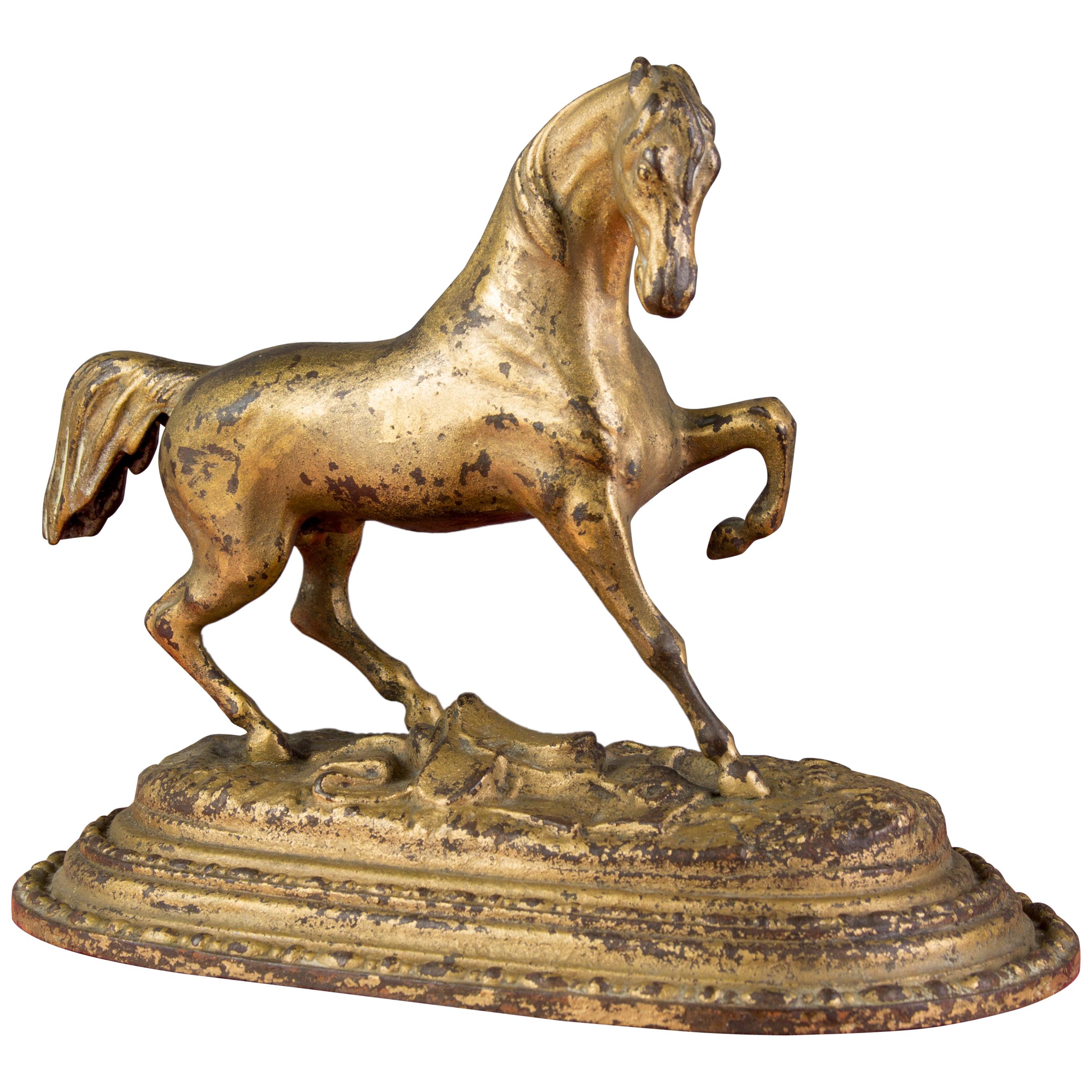 Golden Painted Iron Horse Statue, France, 1920s