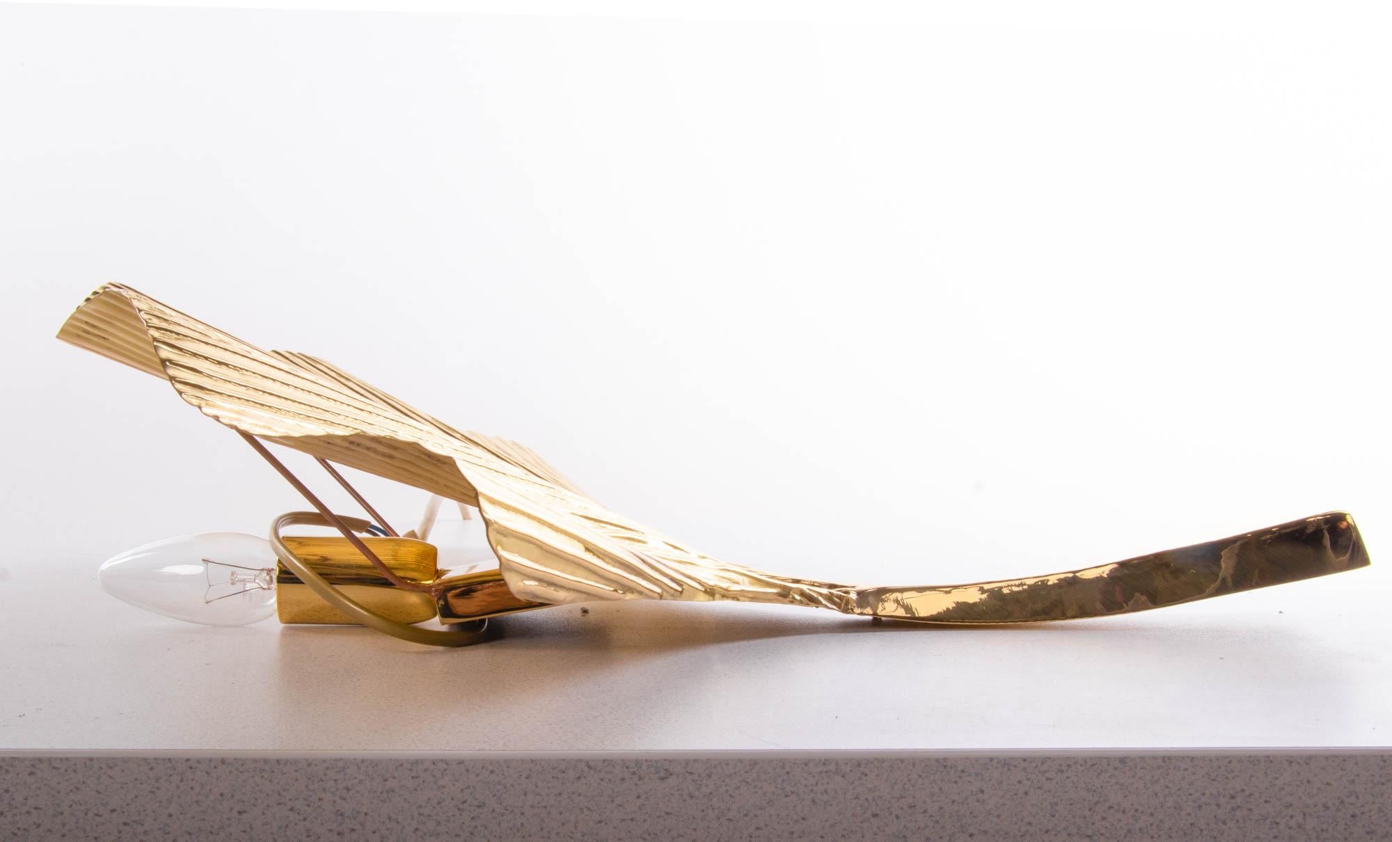 Italian Golden Ginkgo Leaf Brass Wall Sconce, Italy in Tommaso Barbi style, Set of 2