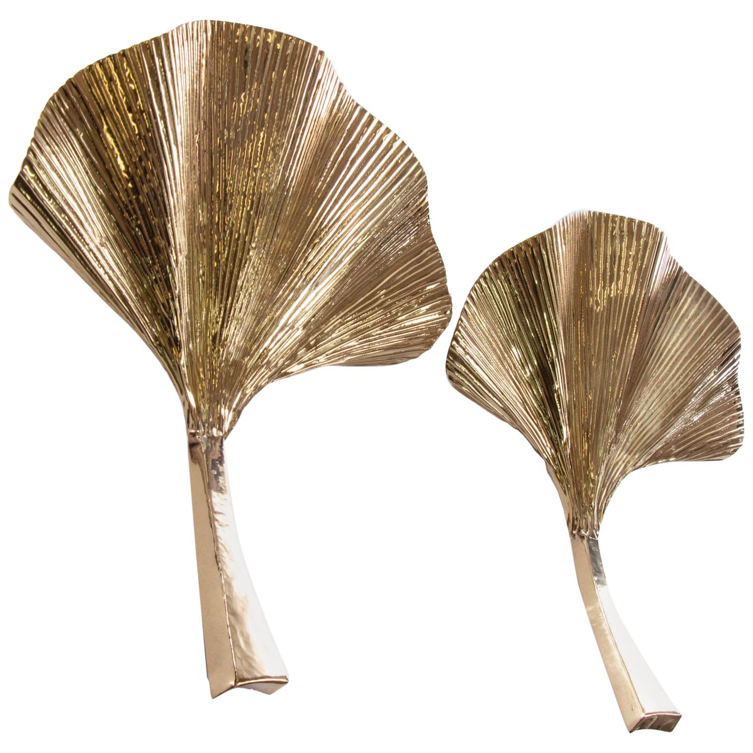 Golden Ginkgo Leaf Brass Wall Sconce, Italy in Tommaso Barbi style, Set of 2 For Sale