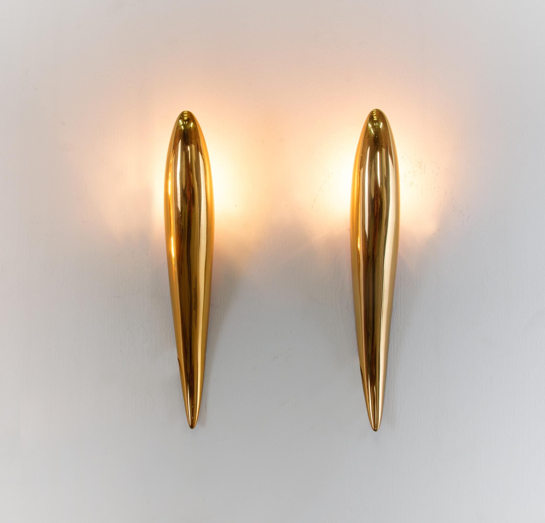 Hand-Crafted Golden Pair of Mid Century Streamline Cast Brass Wall Sconces