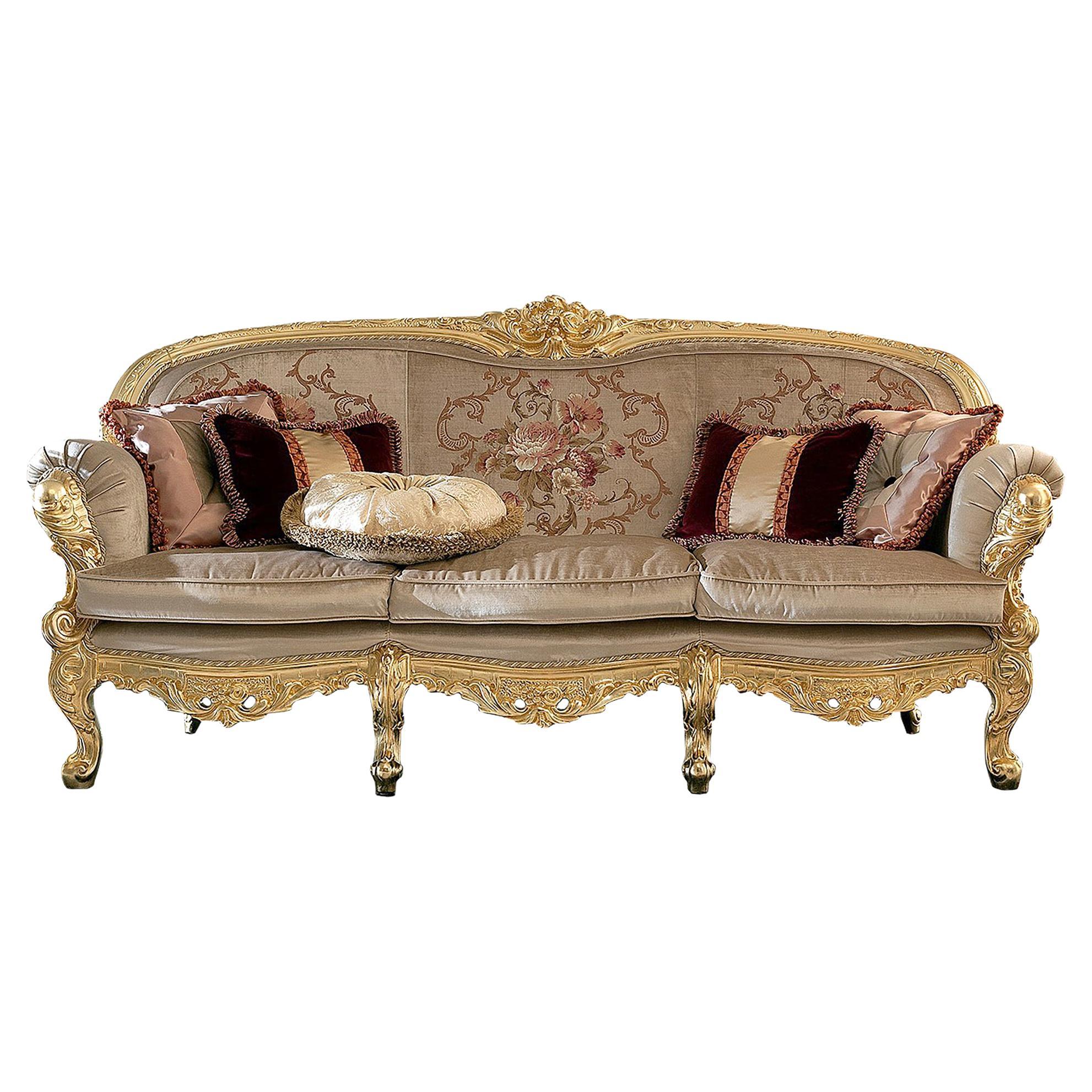 Golden Palace Sofa aus limitiertem massivem Holz mit Blattgoldornament, hergestellt in Italien