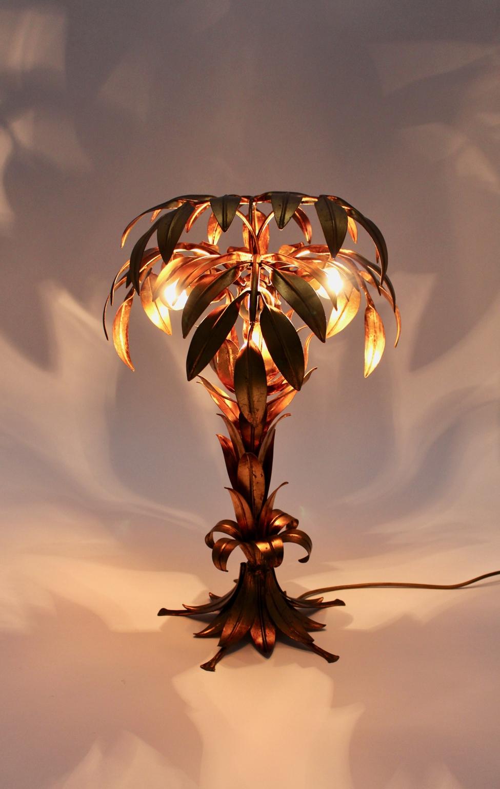 Gilt Hollywood Regency Style Golden Vintage Palm Tree Table Lamp Hans Kögl, 1970s