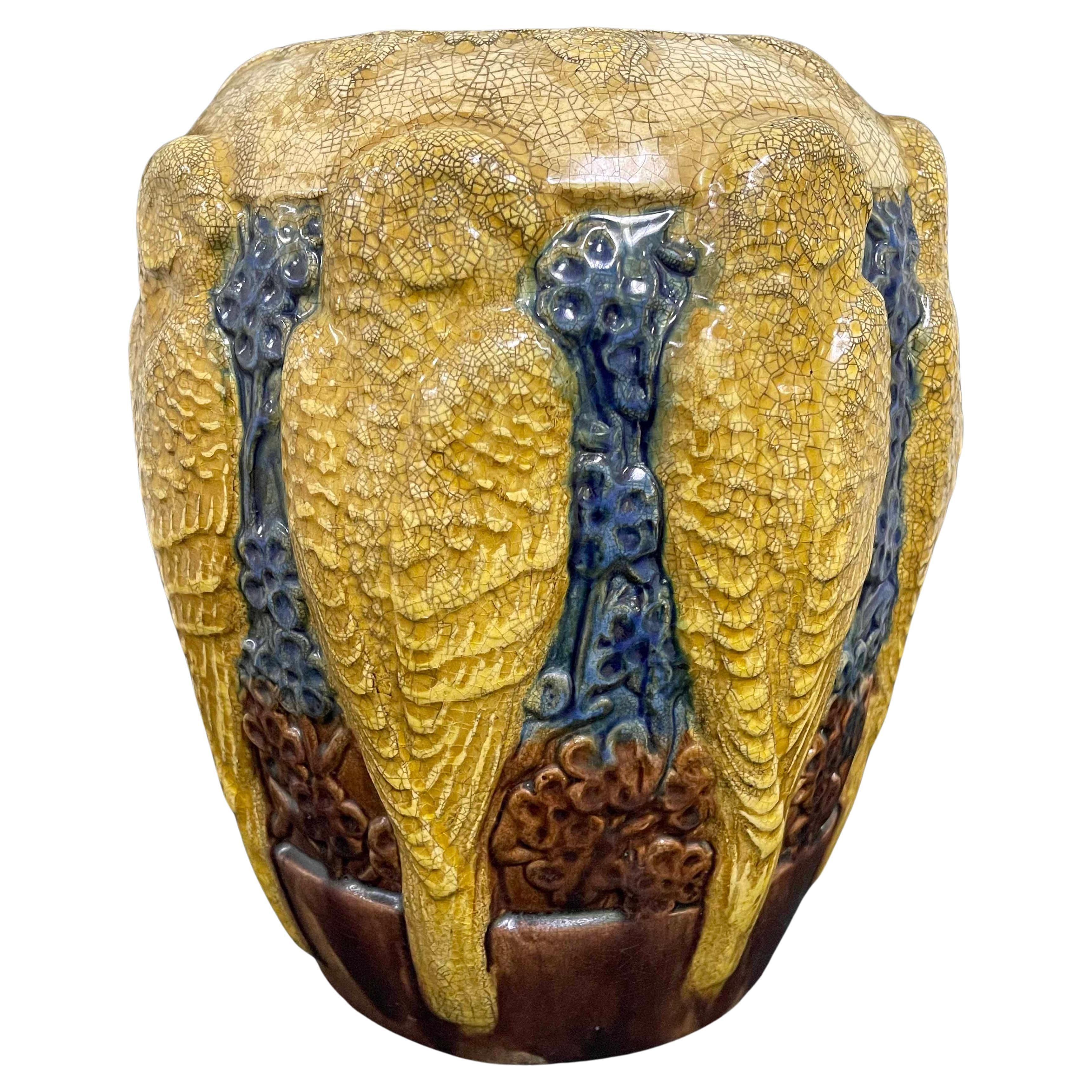 "Golden Parakeets", Large and Rare Art Deco Vase in Gold, Ivory and Deep Blue For Sale
