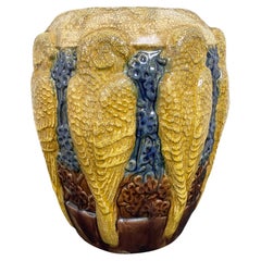 Vintage "Golden Parakeets", Large and Rare Art Deco Vase in Gold, Ivory and Deep Blue