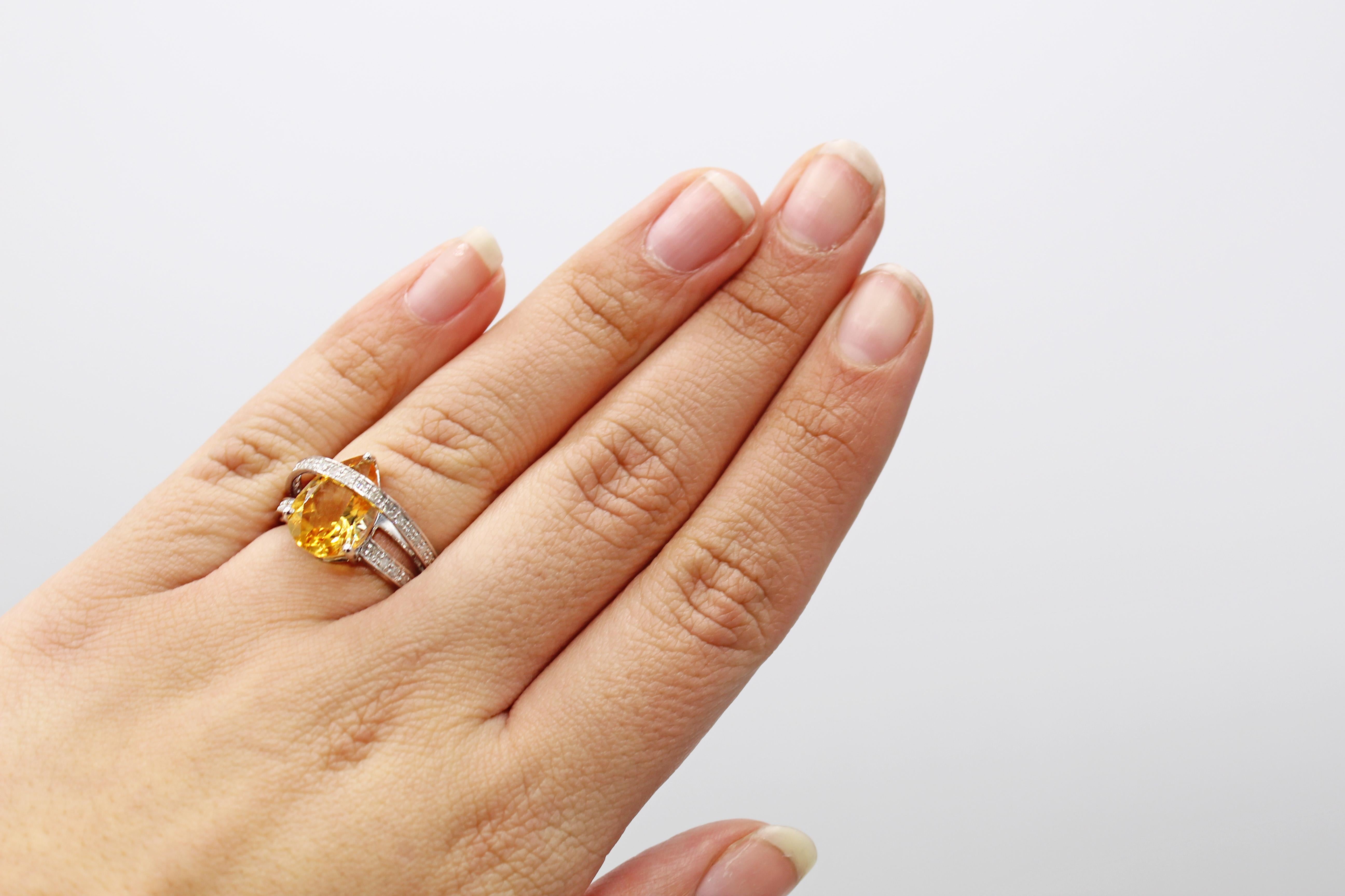 Pear Cut Golden Pear Shaped Citrine Diamond White Gold Double Band Ring