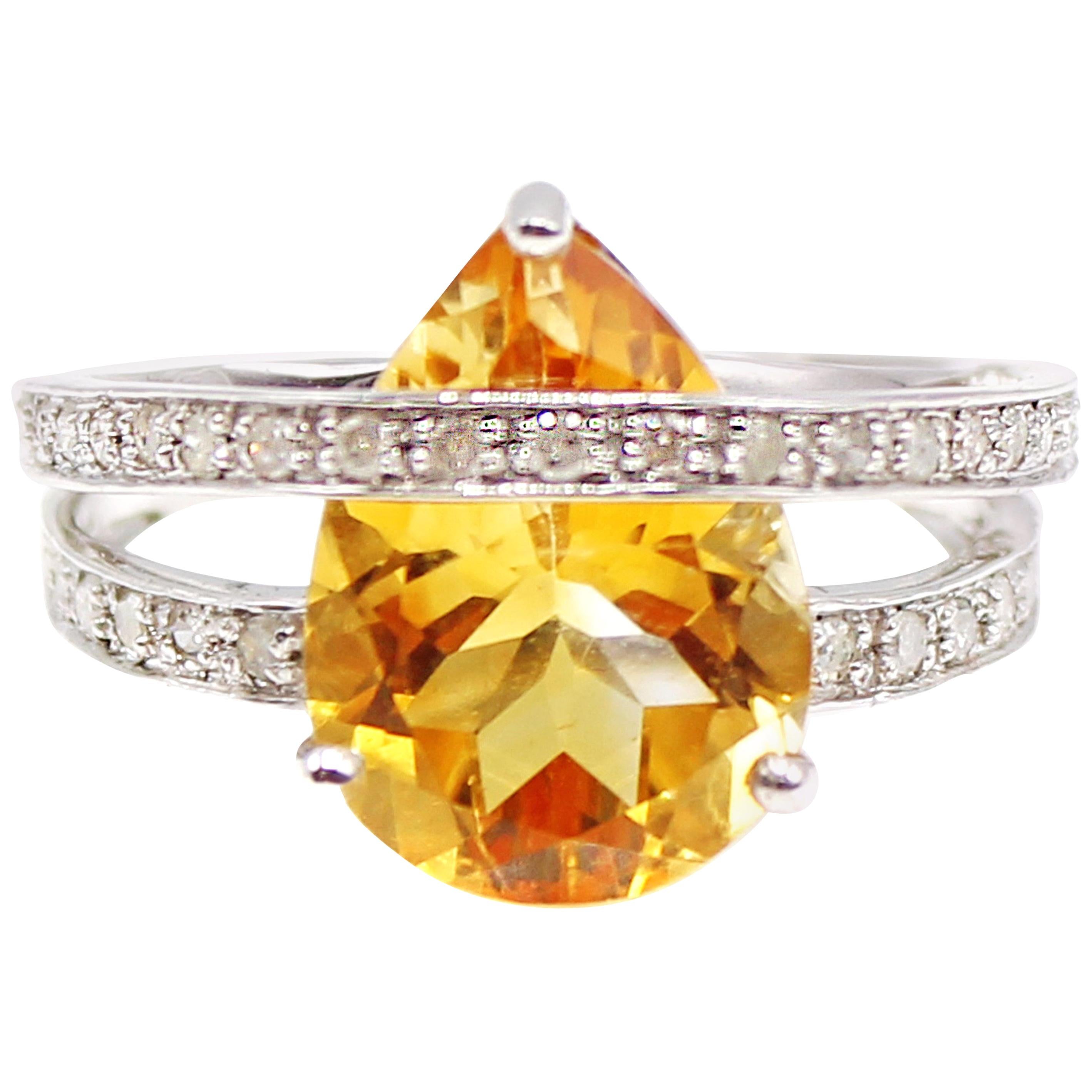 Golden Pear Shaped Citrine Diamond White Gold Double Band Ring