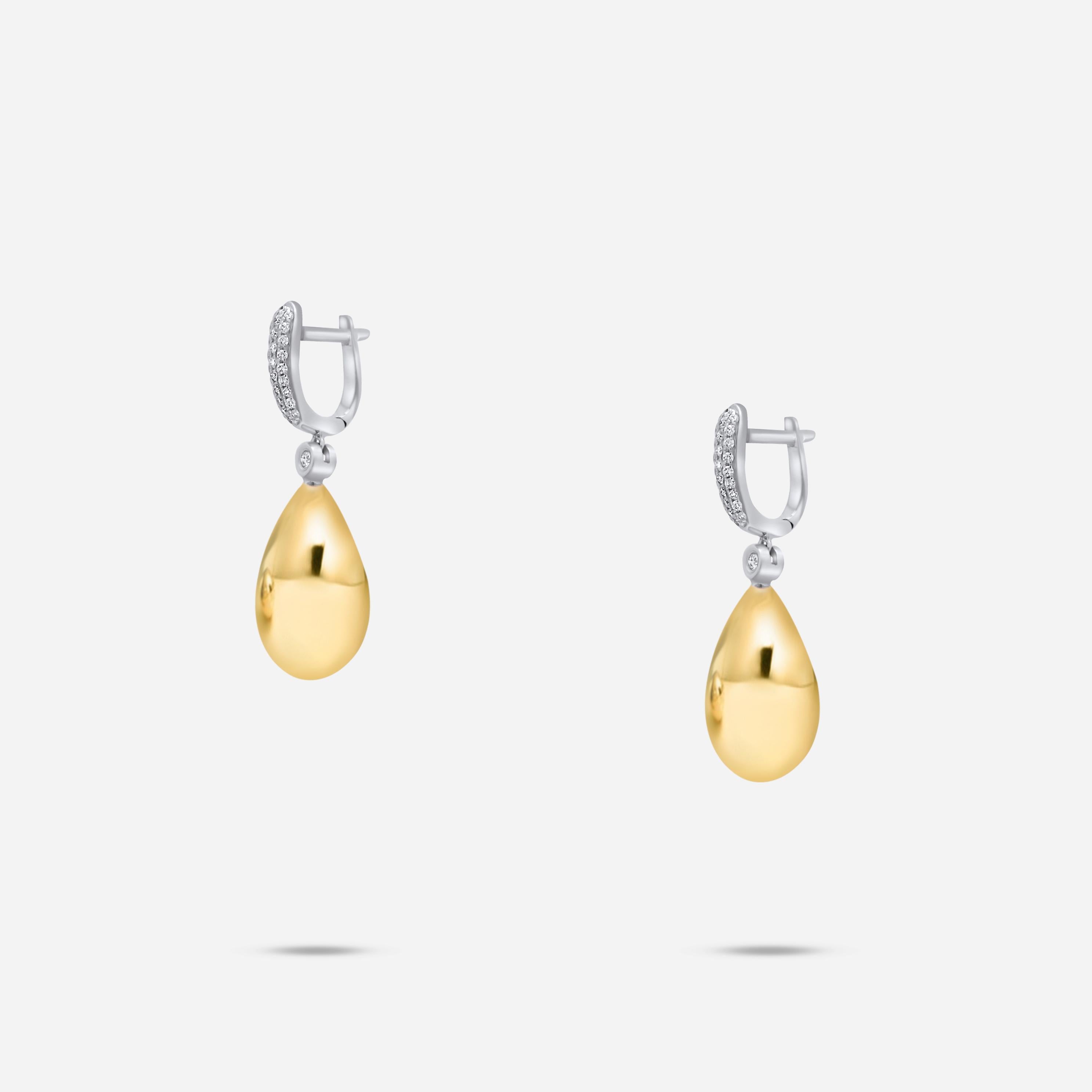Art Deco Golden Pear Water Tear Drop Shape Diamond Pave 18k Gold Huggie Drop Earrings For Sale