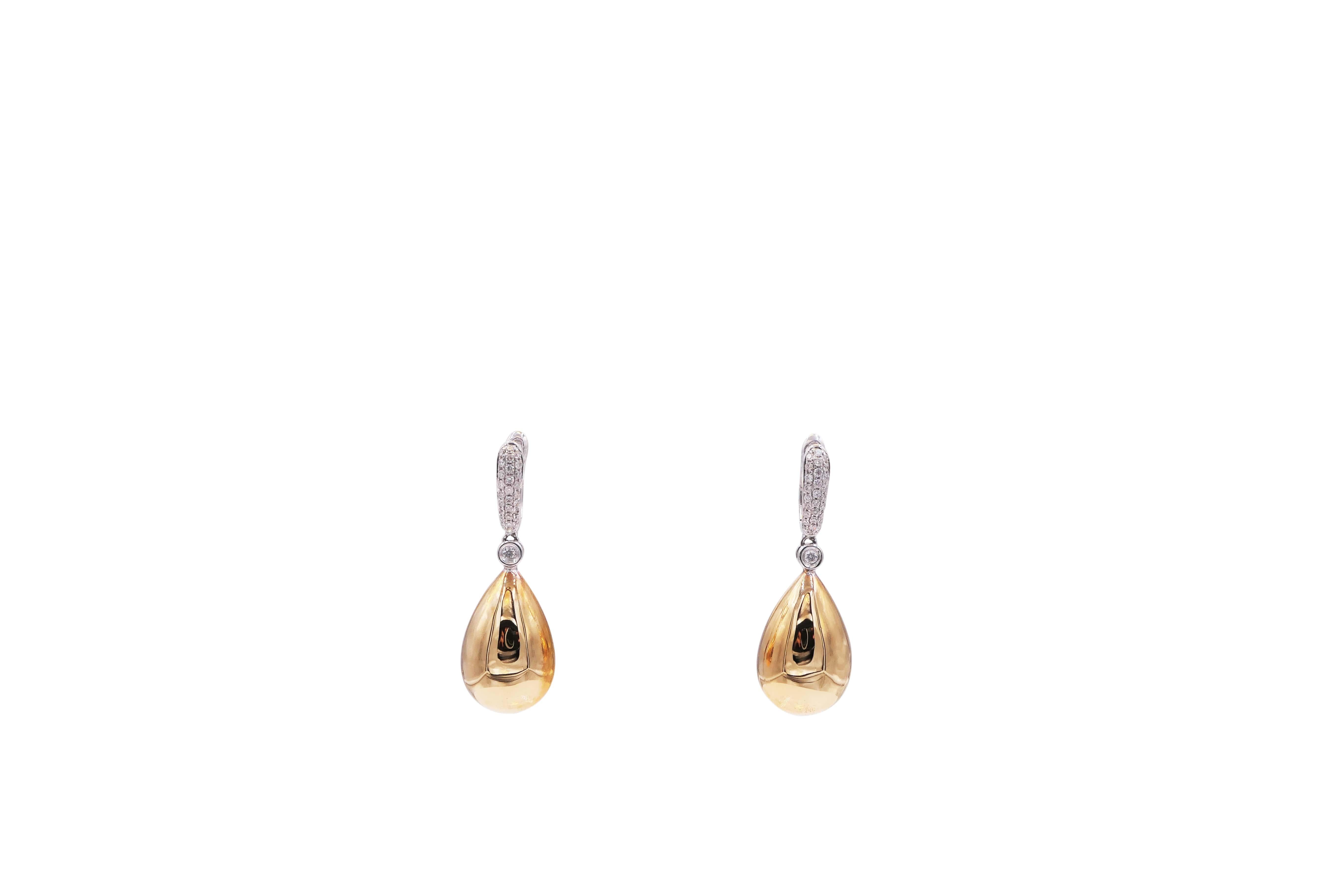 Pear Cut Golden Pear Water Tear Drop Shape Diamond Pave 18k Gold Huggie Drop Earrings For Sale
