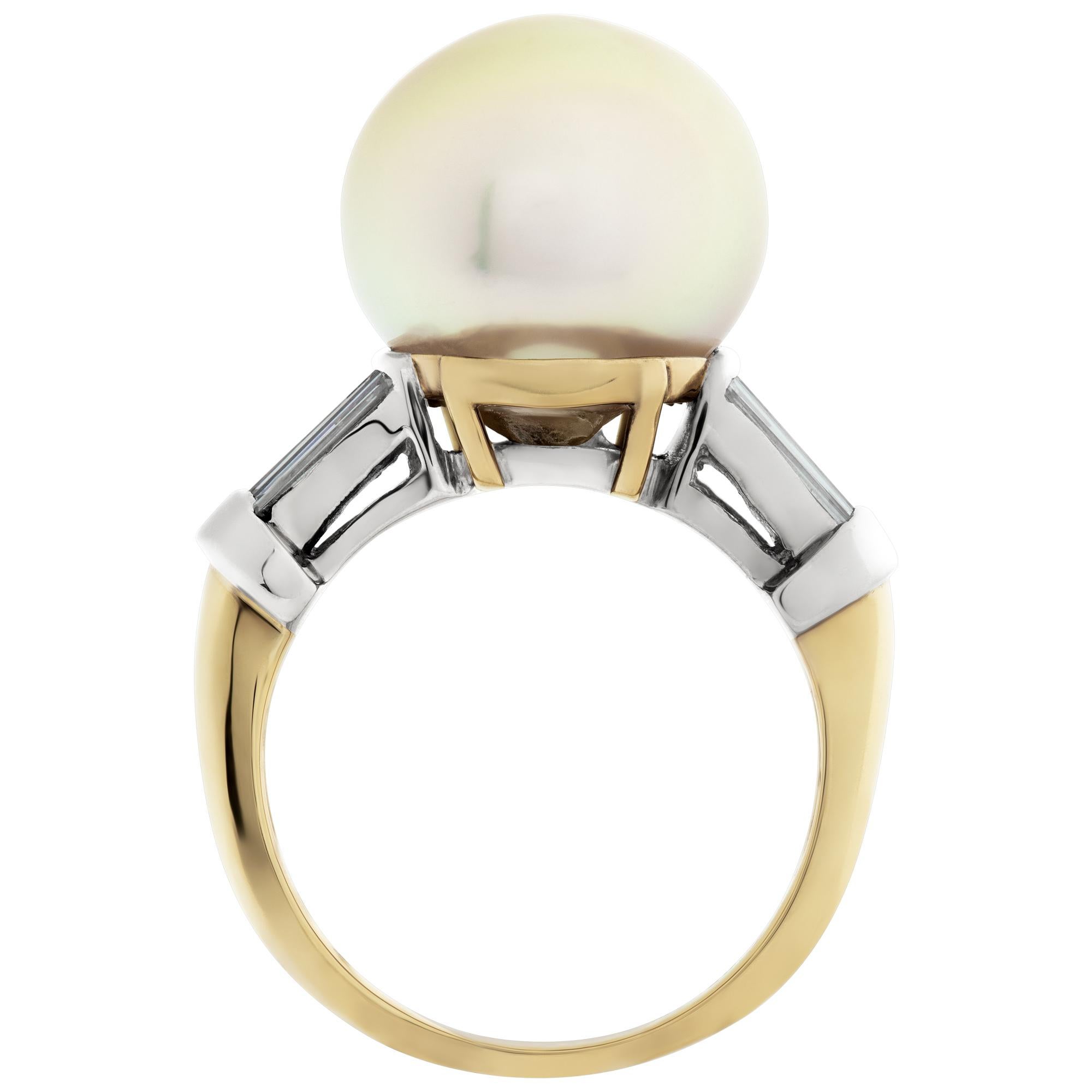 Women's Golden Pearl (13x 13.5mm) & tapered baguette diamonds ring in yellow gold.Size 7 For Sale