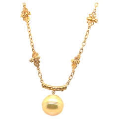 Vintage Golden Pearl and Diamond Bee Necklace
