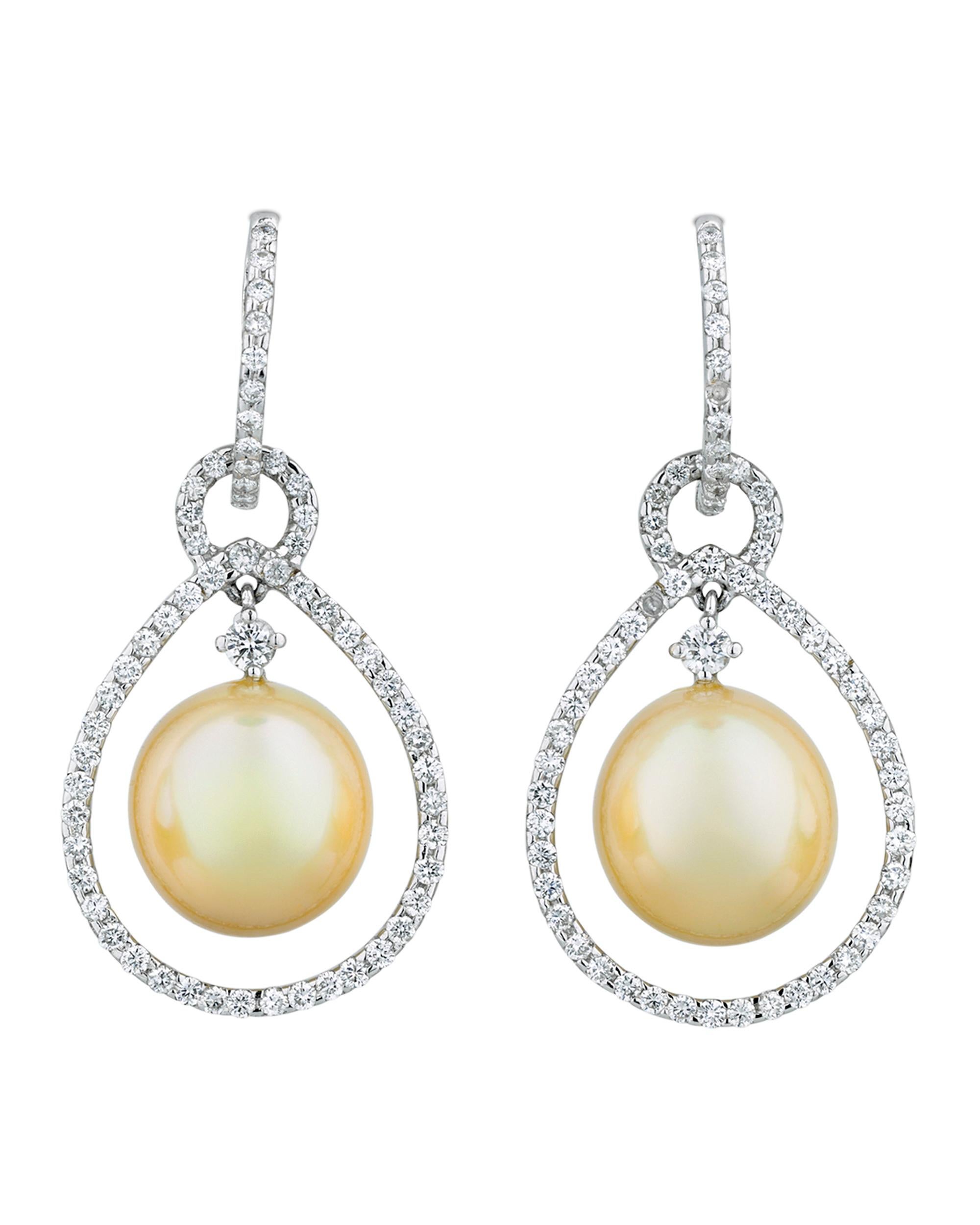 Modern Golden Pearl and Diamond Teardrop Earrings