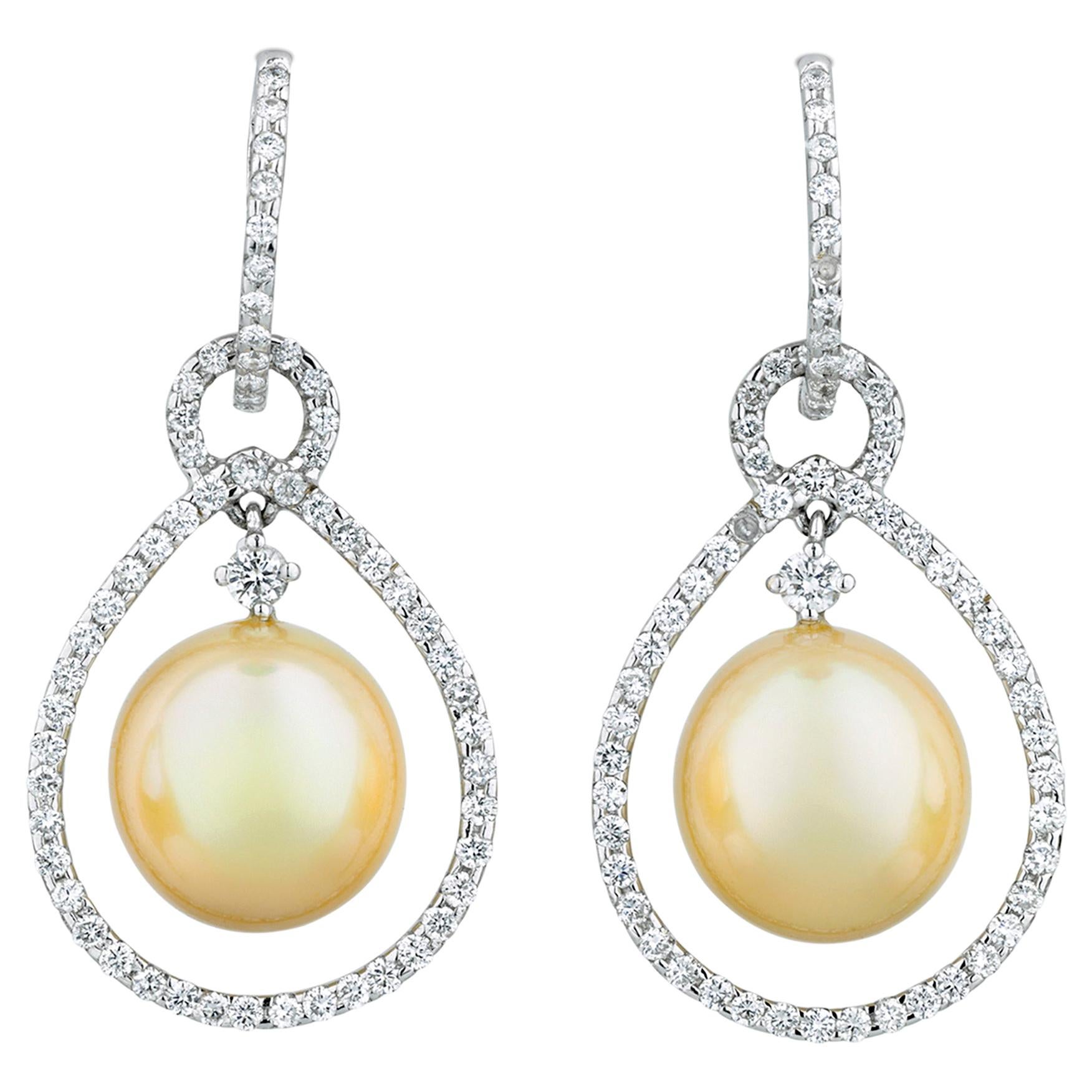 Golden Pearl and Diamond Teardrop Earrings