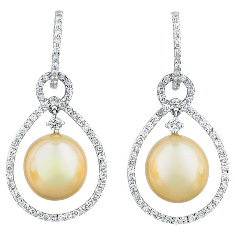 Golden Pearl and Diamond Teardrop Earrings For Sale at 1stdibs