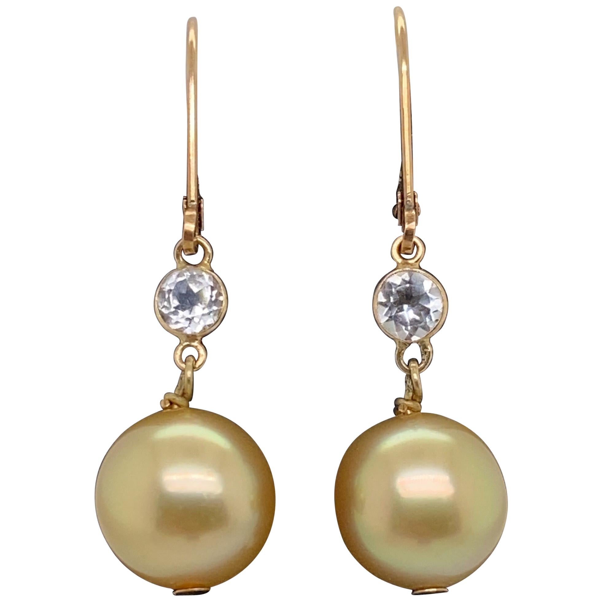 HARBOR D. Golden Pearl and Semi Precious Gem Drop Earrings 14 Karat Yellow Gold