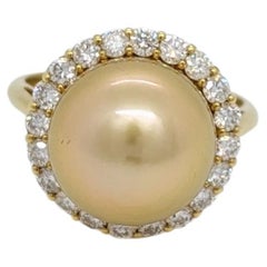Golden Pearl and White Diamond Ring in 18K Yellow Gold