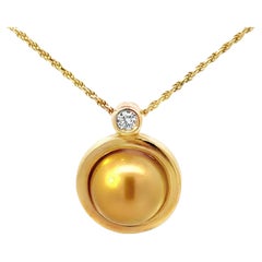 Goldener Perlen-Diamant-Anhänger in Lünettenfassung auf 16" Seilkette 14k Gelbgold