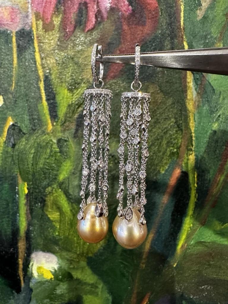Round Cut Golden Pearl & Diamond Drop Chandelier Earrings in 18k White Gold For Sale