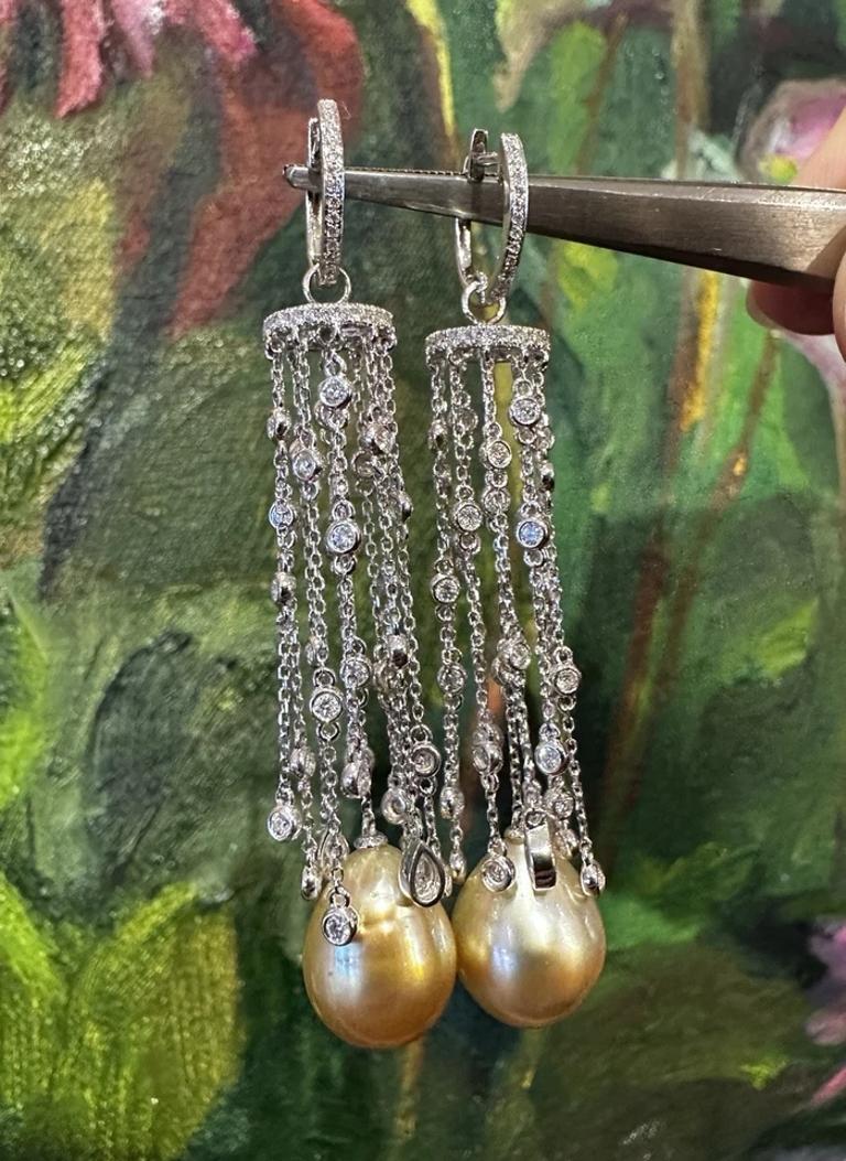 Women's Golden Pearl & Diamond Drop Chandelier Earrings in 18k White Gold For Sale