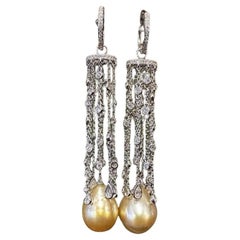 Golden Pearl & Diamond Drop Chandelier Earrings in 18k White Gold