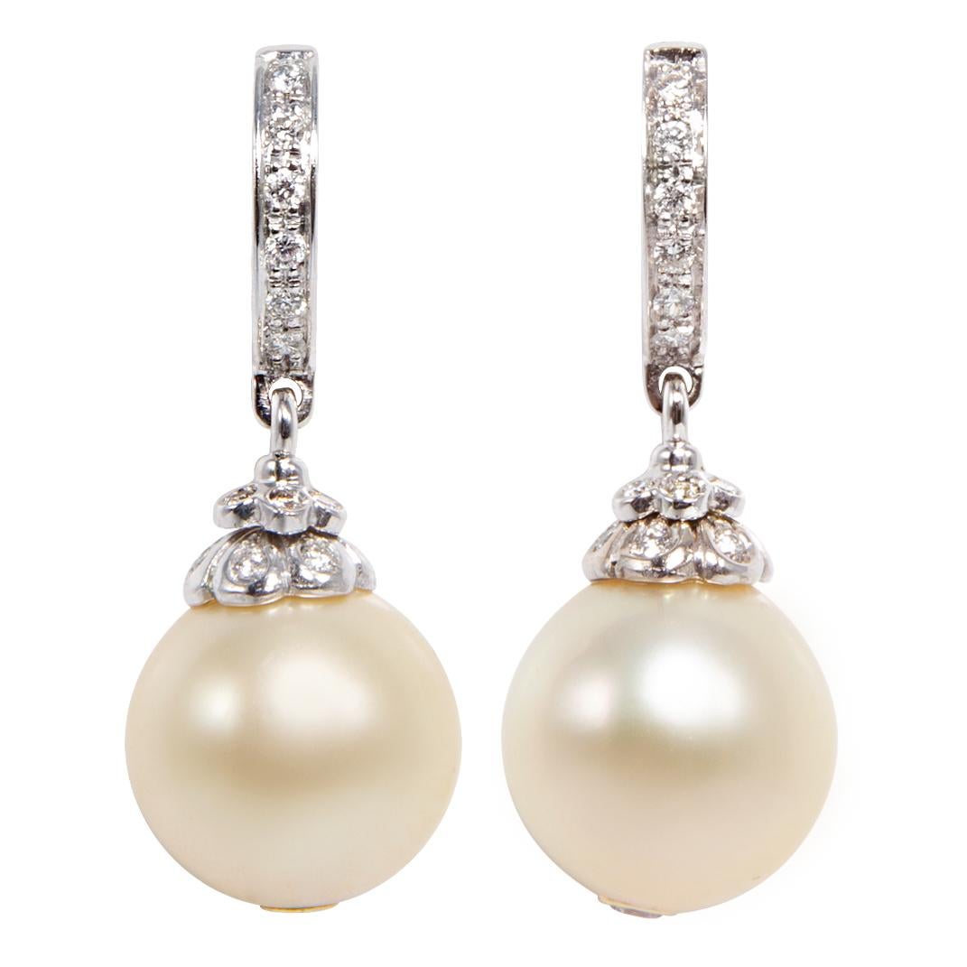 Golden Pearl Diamond Hoop Drop Earrings Design by Ella Gafter For Sale 1
