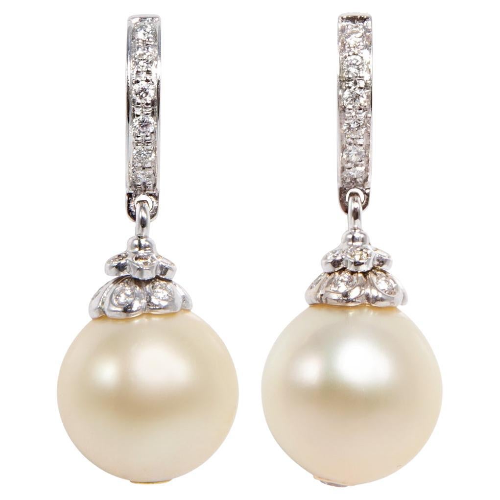 Golden Pearl Diamond Hoop Drop Earrings Design by Ella Gafter For Sale