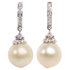 Golden Pearl Diamond Hoop Drop Earrings Design by Ella Gafter