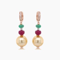 Golden Pearl Emerald Ruby & Diamond 18K Rose Gold Drop Earrings