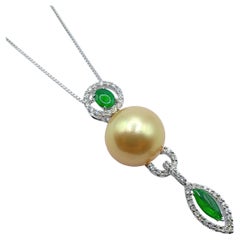 Golden Pearl & Jadeite Jade Pavé Diamond Necklace Pendant in 18K White Gold