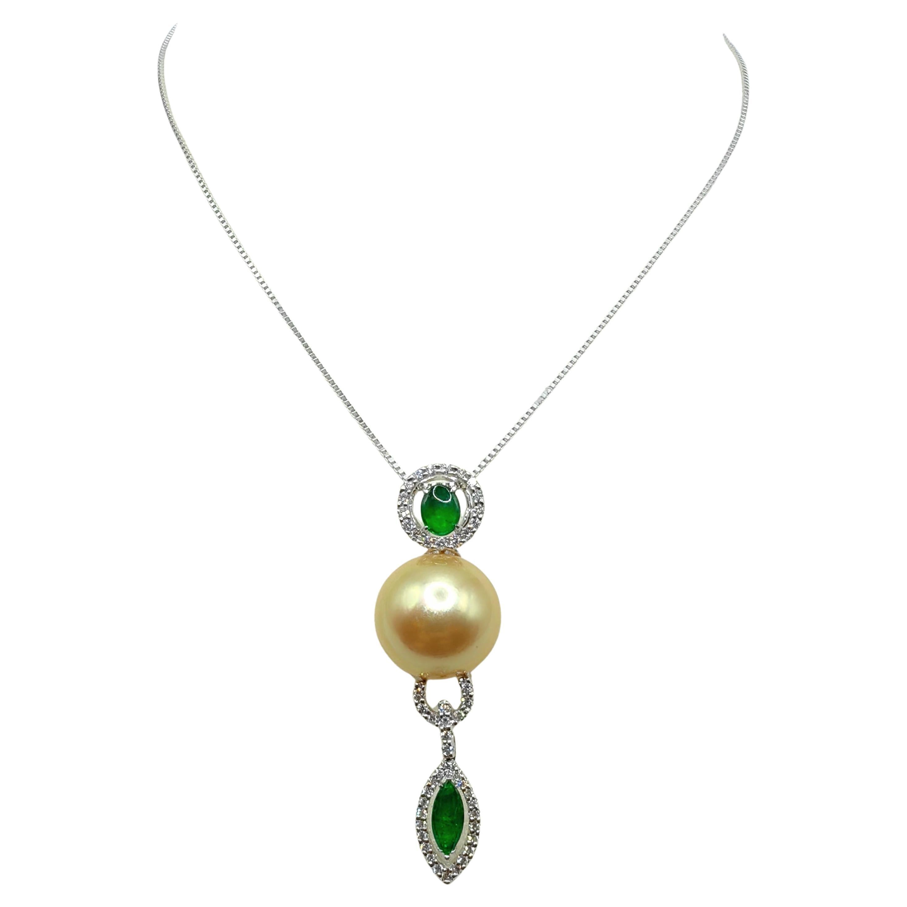 Golden Pearl & Jadeite Jade Pavé Diamond Necklace Pendant in 18K White Gold