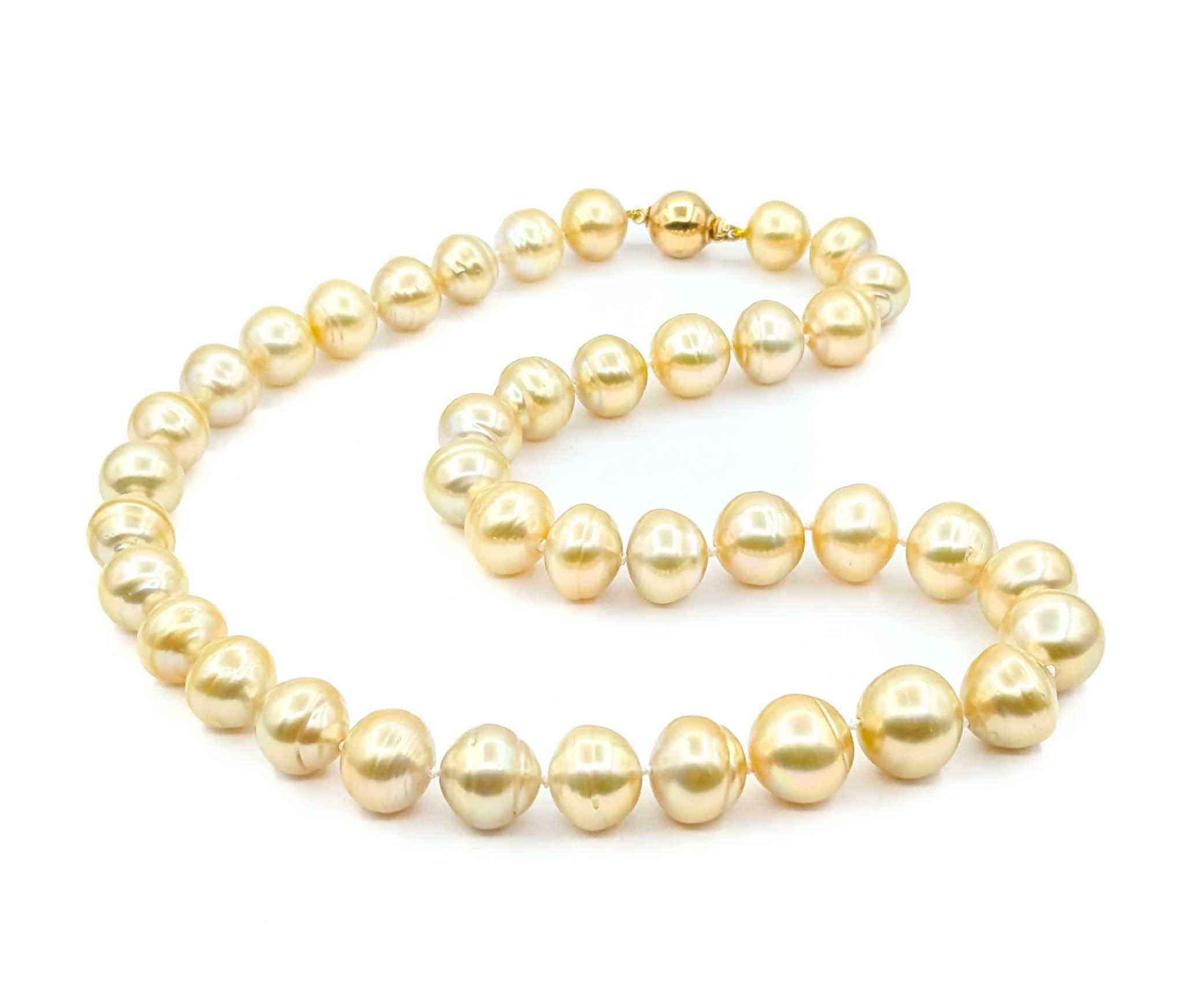 Uncut Golden Pearl Necklace Strand in 14k Yellow Gold For Sale