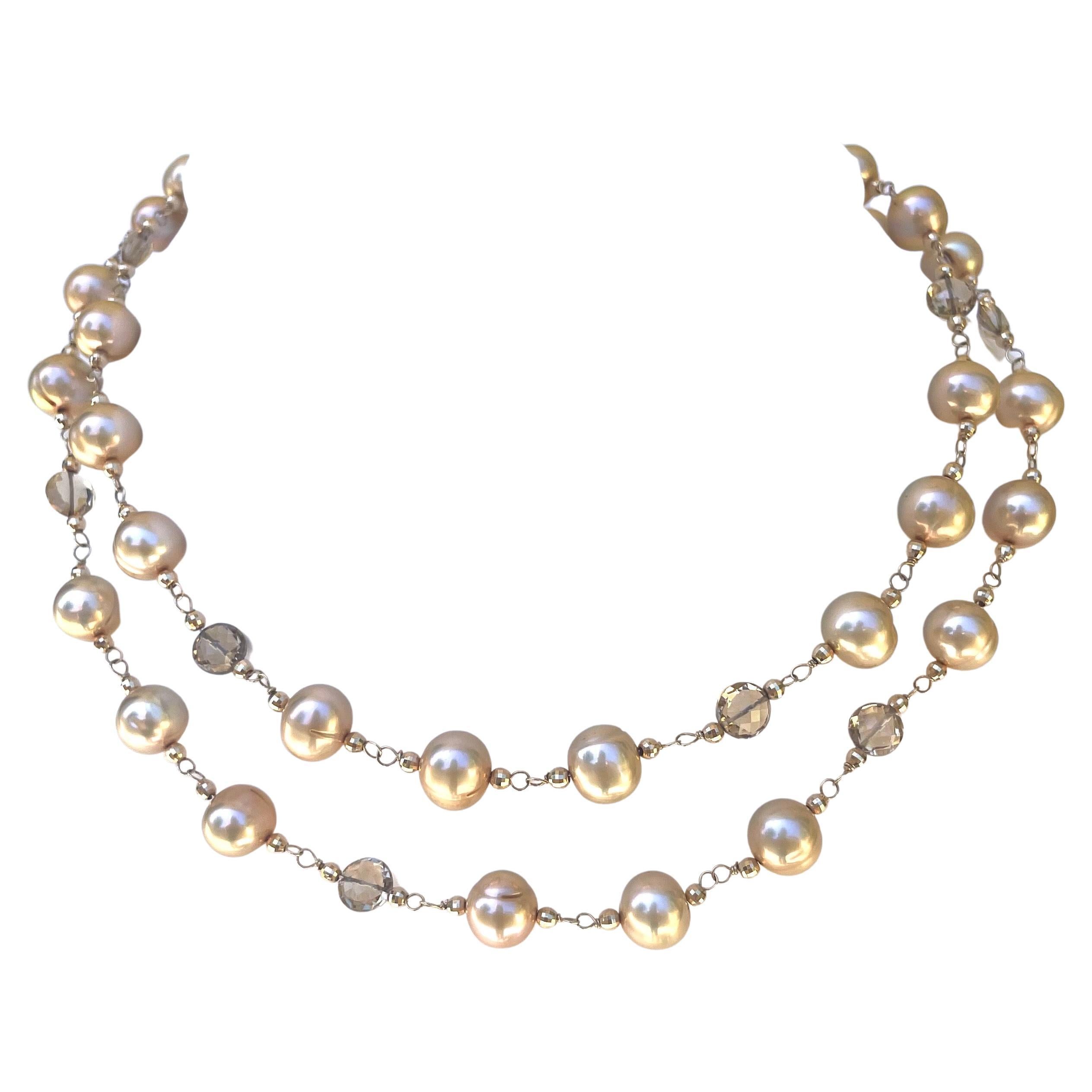 Artisan Golden Pearl Necklace with Champagne Citrine Accents For Sale