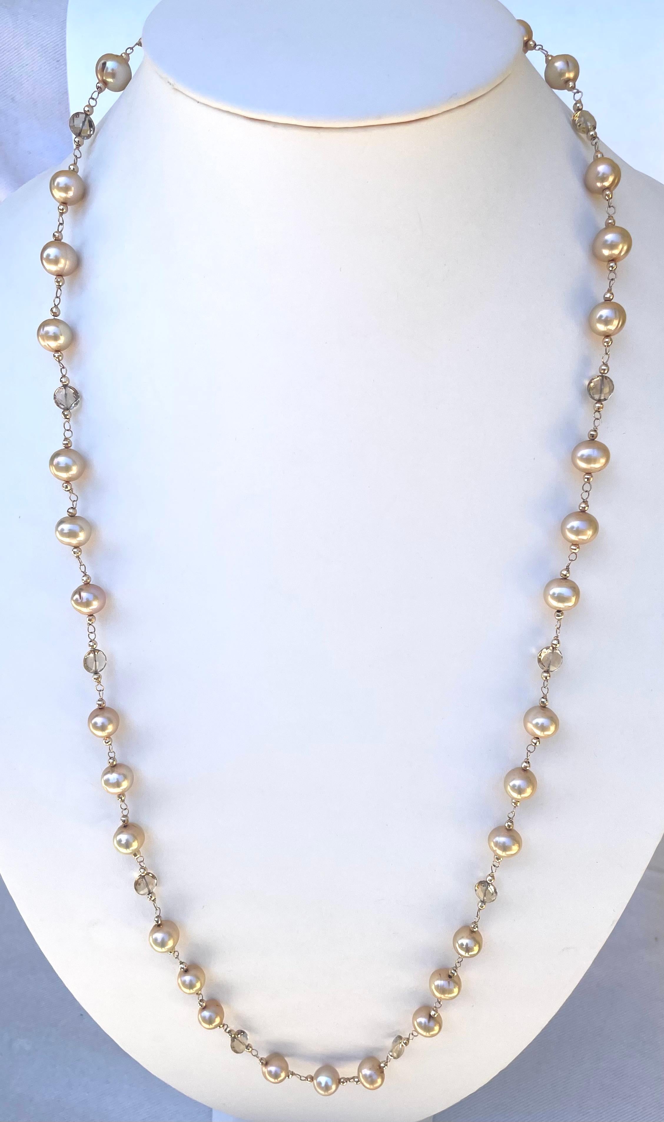 Bead Golden Pearl Necklace with Champagne Citrine Accents For Sale
